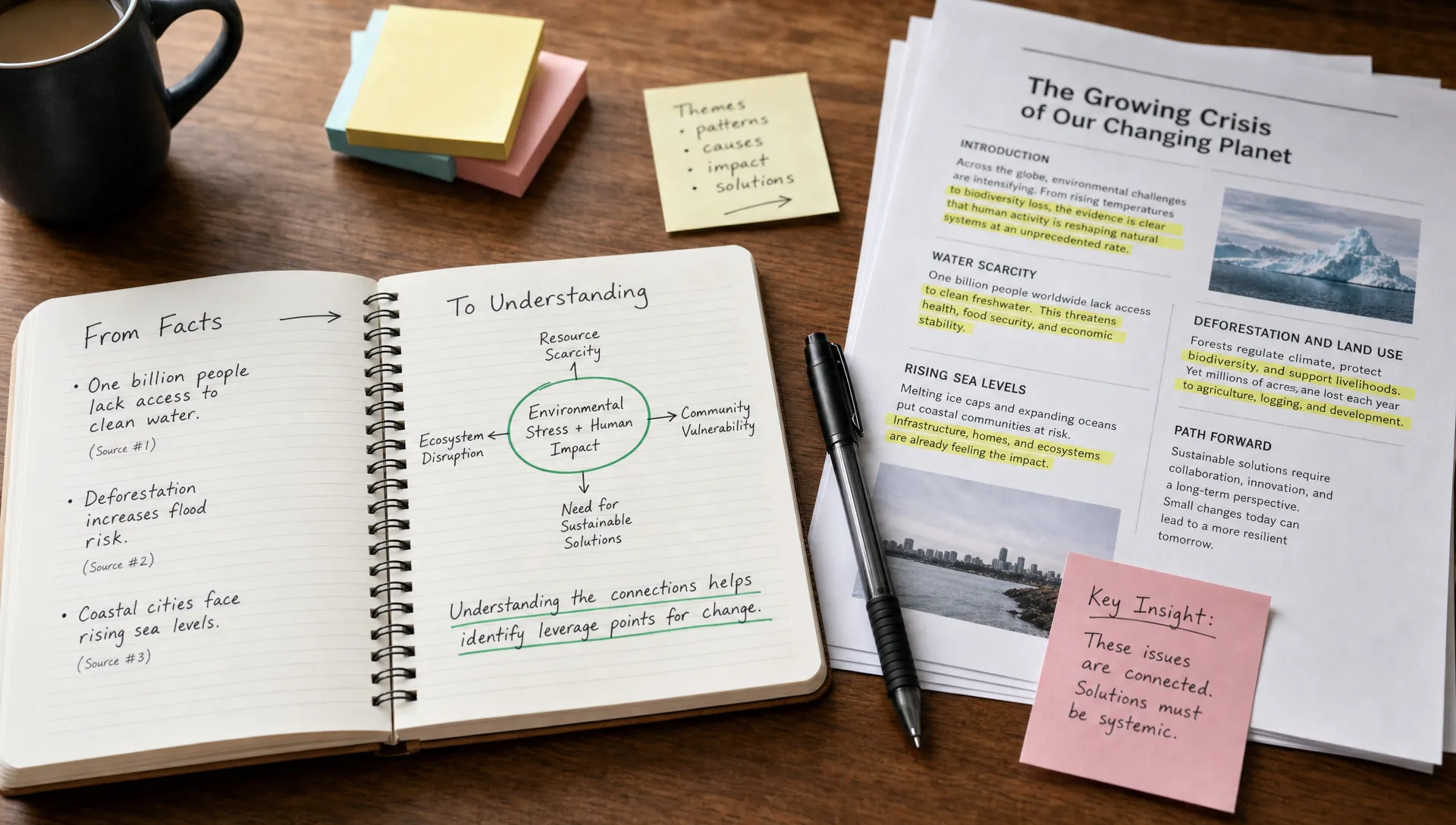 An open notebook sits beside highlighted articles, sticky notes, and a pen, showing the move from facts to connected understanding.