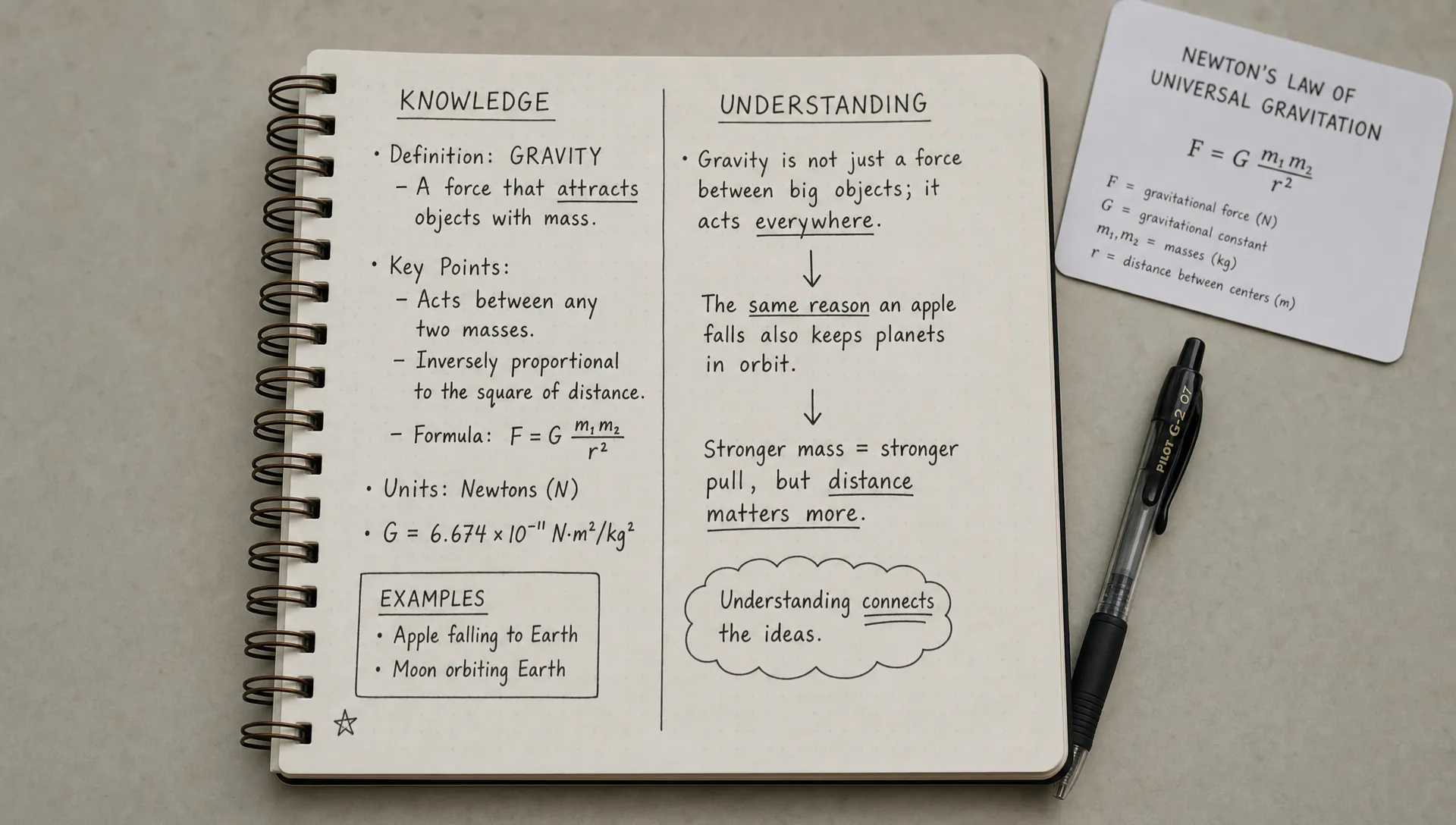 A medium close-up landscape scene of a single open notebook page with two columns, one labeled for knowledge and the other for understanding, filled with short notes, arrows, and a few underlined phrases; a pen and one reference card sit beside it on a plain indoor surface, with the notebook as the clear hero element.