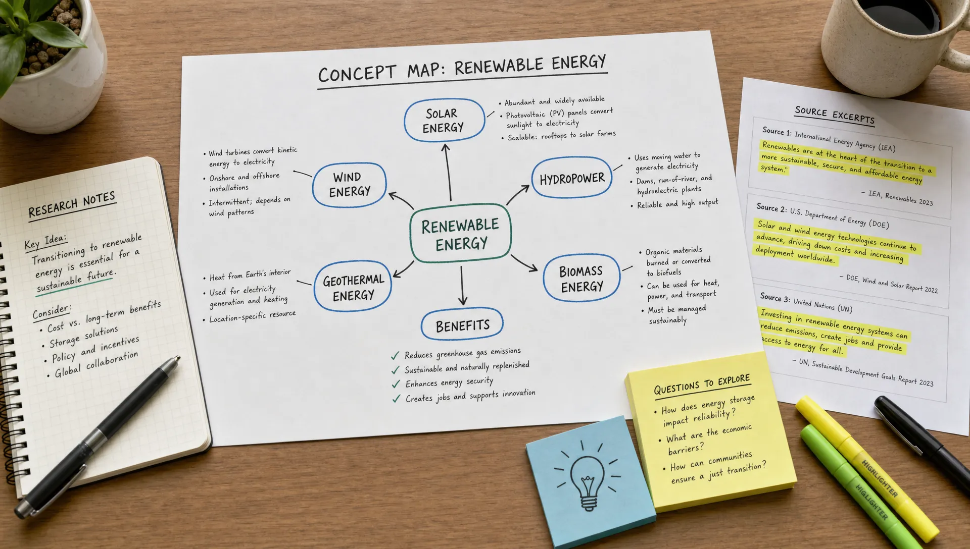 A clean concept map on a slightly elevated desk view, with labeled nodes, connecting arrows, research notes, and highlighted source excerpts arranged into a clear visual study layout.