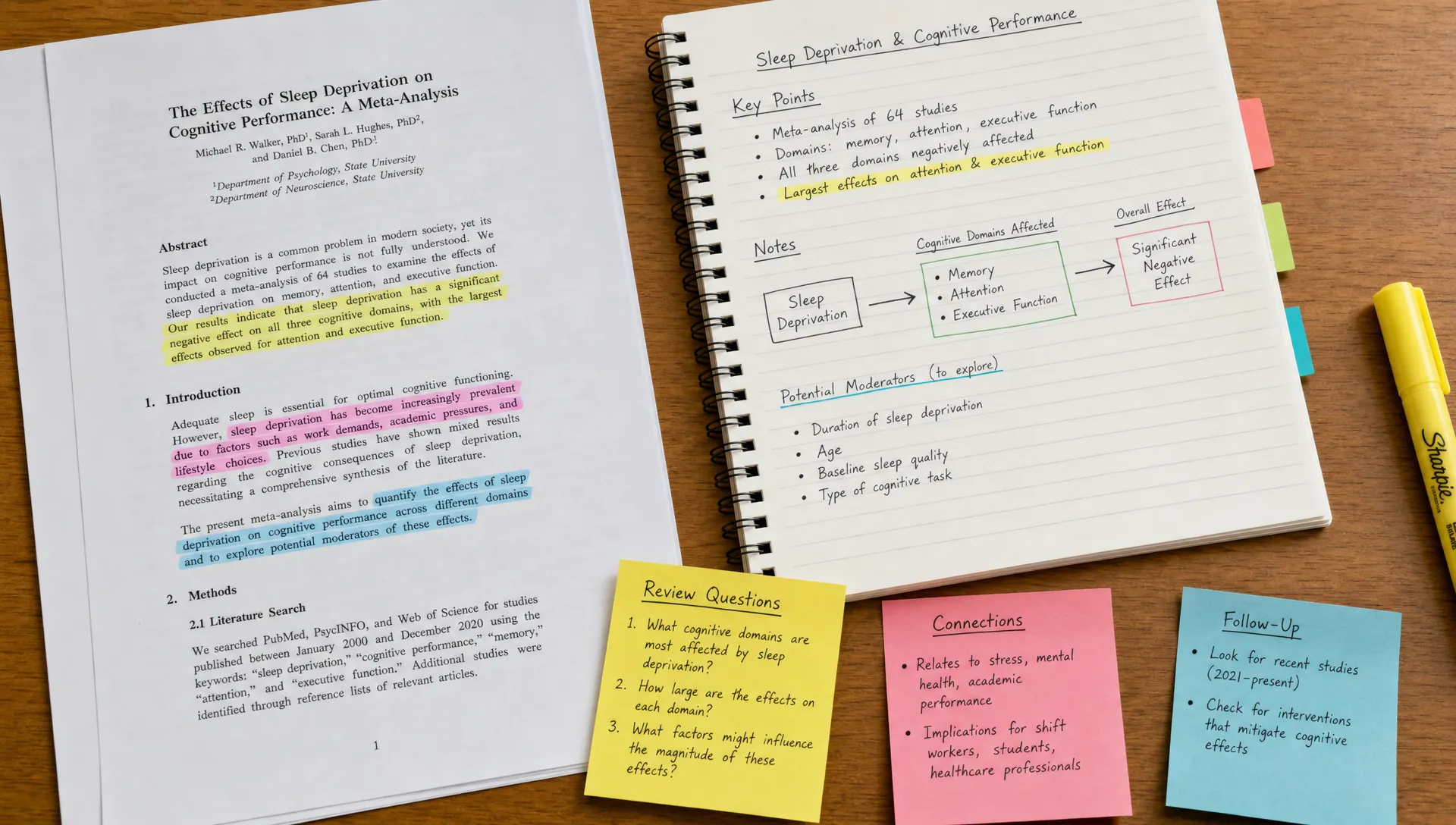A printed research paper, notebook, sticky notes and a highlighter arranged on a desk to show dense reading turning into organized notes and review questions.