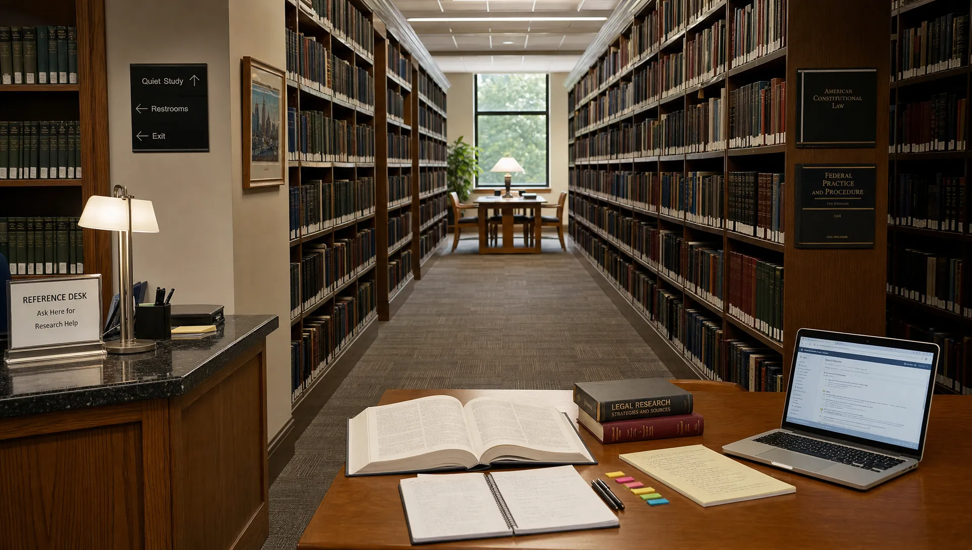 Landscape establishing shot of a quiet campus library aisle with a long row of books on dense topics, one open reference desk in the foreground, and a reading table in the distance with a notebook, printed paper, and tabs laid out for close study; no person, calm indoor setting, landscape composition, source material and research workflow visible.