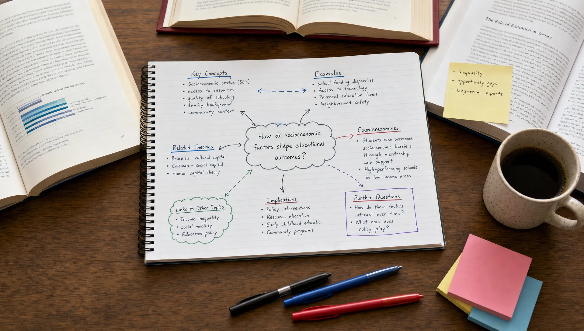 A study notebook shows a central question surrounded by connected ideas, examples, counterexamples and arrows linking concepts across open books.