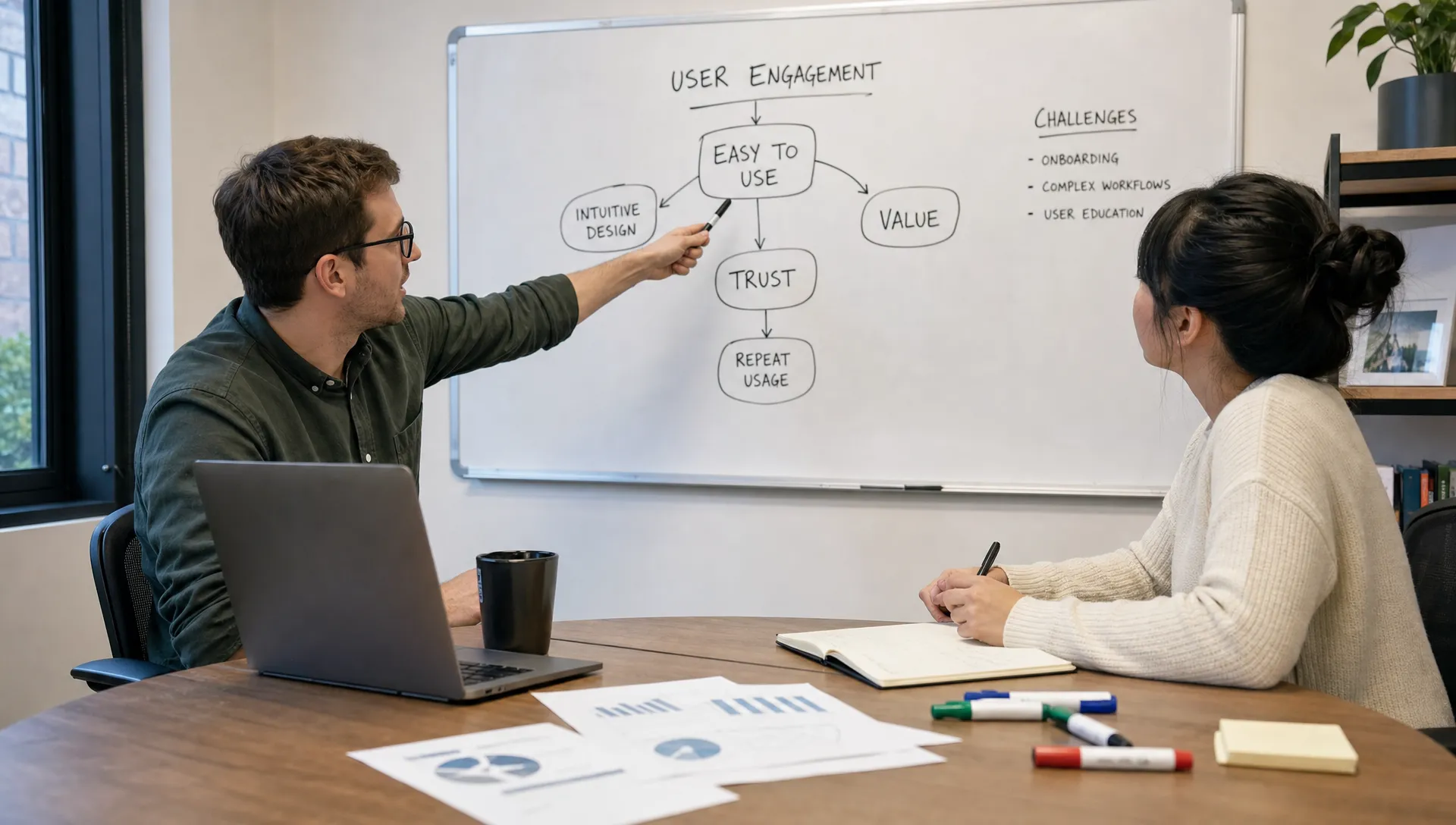 Landscape cover of two coworkers at a whiteboard in a meeting room, one pointing at a simple concept map while the other follows along with a notebook open on the table. Include a few printed pages and markers in the foreground, with the whiteboard and conversation about a difficult idea as the focus; the room should feel practical and collaborative.