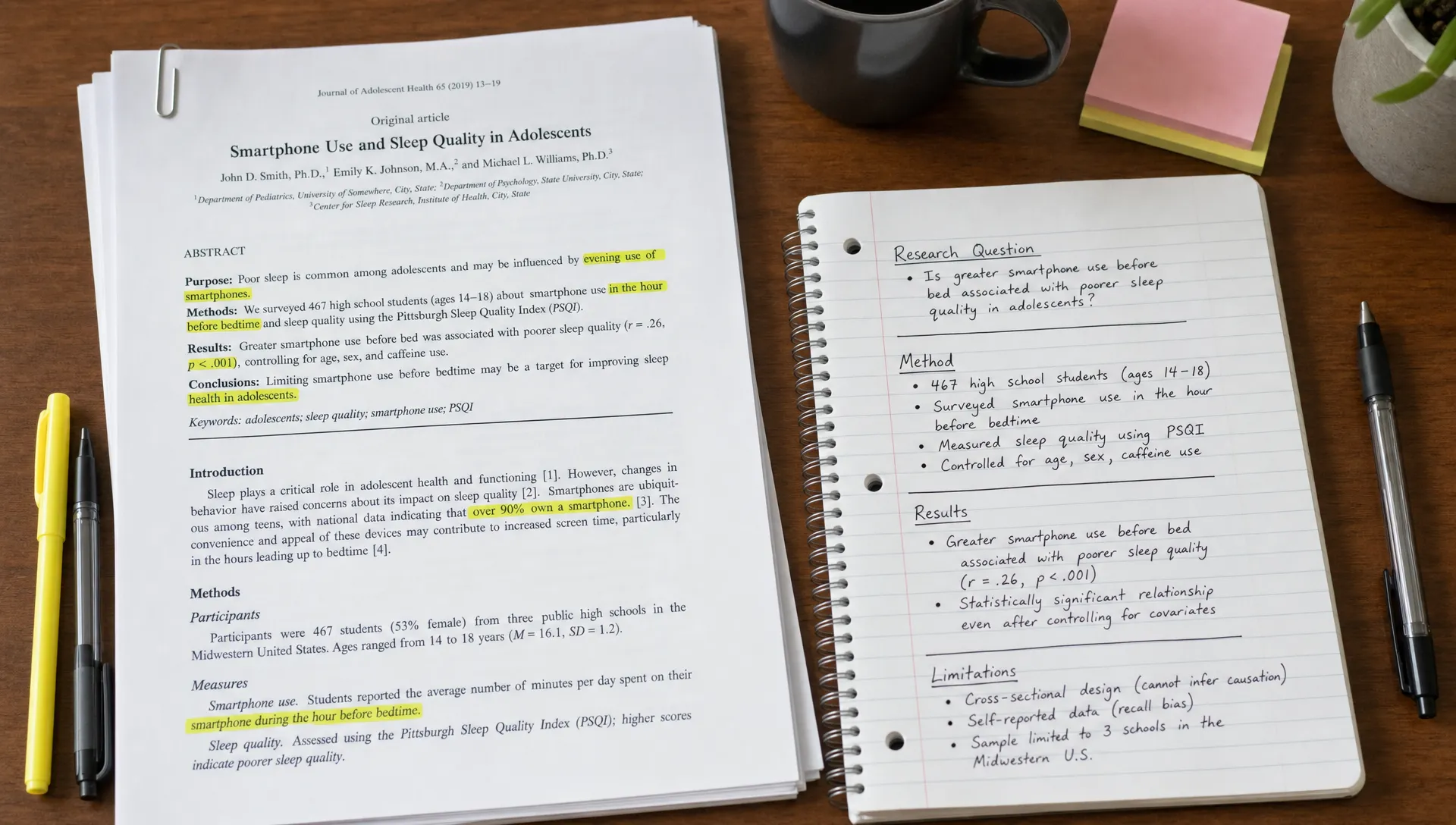 A desk with a printed research article, highlighted sections, and handwritten notes organized into research question, method, results, and limitations.