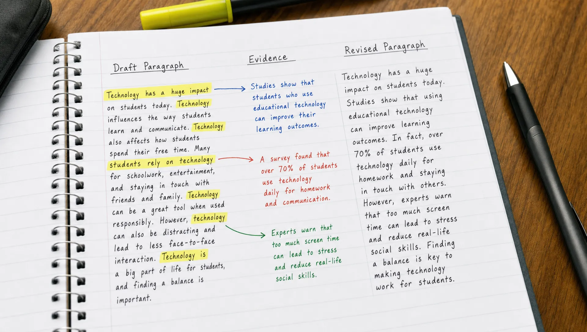 A notebook shows a long draft paragraph beside a shorter revision, with repeated phrases highlighted and arrows linking the main idea, evidence and final version.
