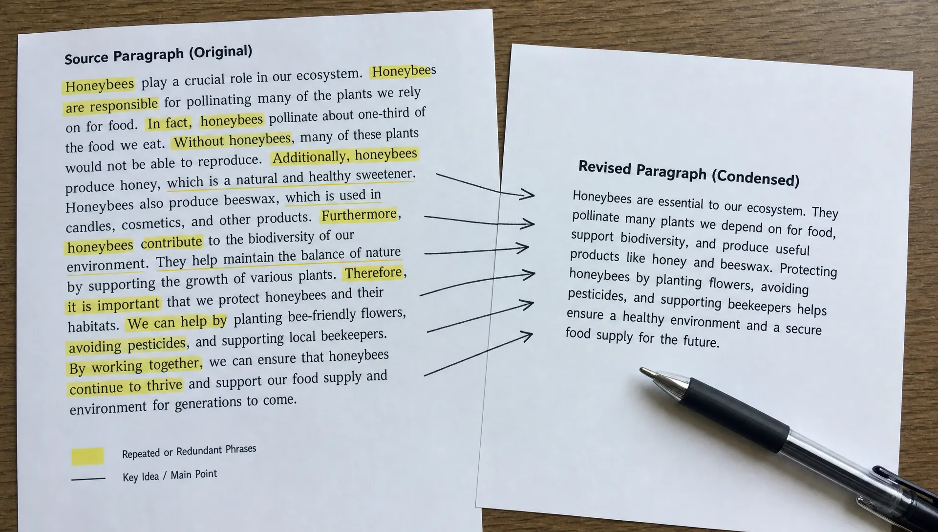 Landscape close-up of a paragraph on a printed page beside a shorter rewritten version on a separate sheet, with repeated phrases marked and a few small arrows indicating which lines collapse into the main idea; quiet tabletop setting, no person, source text and revision both visible.