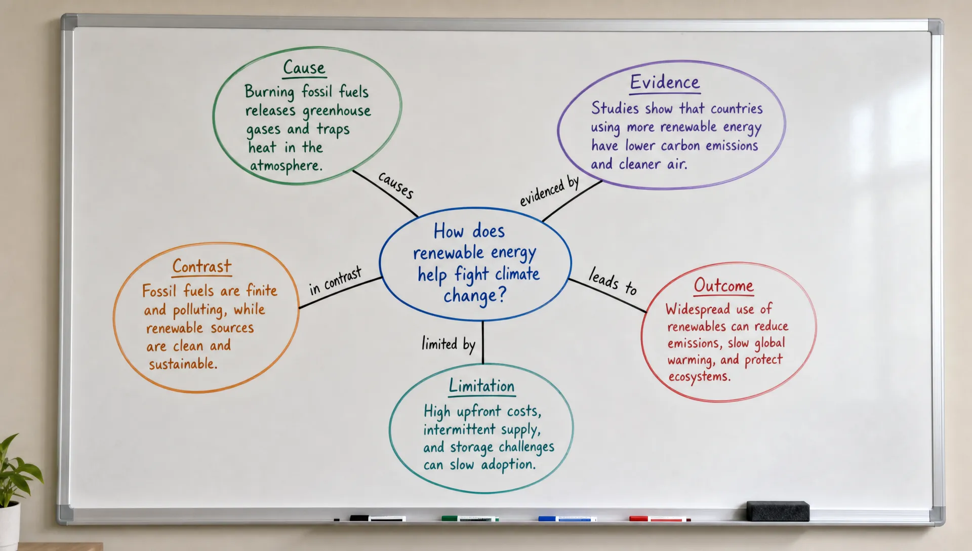 A concept map on a wall board with one central question and five connected concept nodes, each joined by short relationship labels that show cause, evidence, contrast, outcome, and limitation.