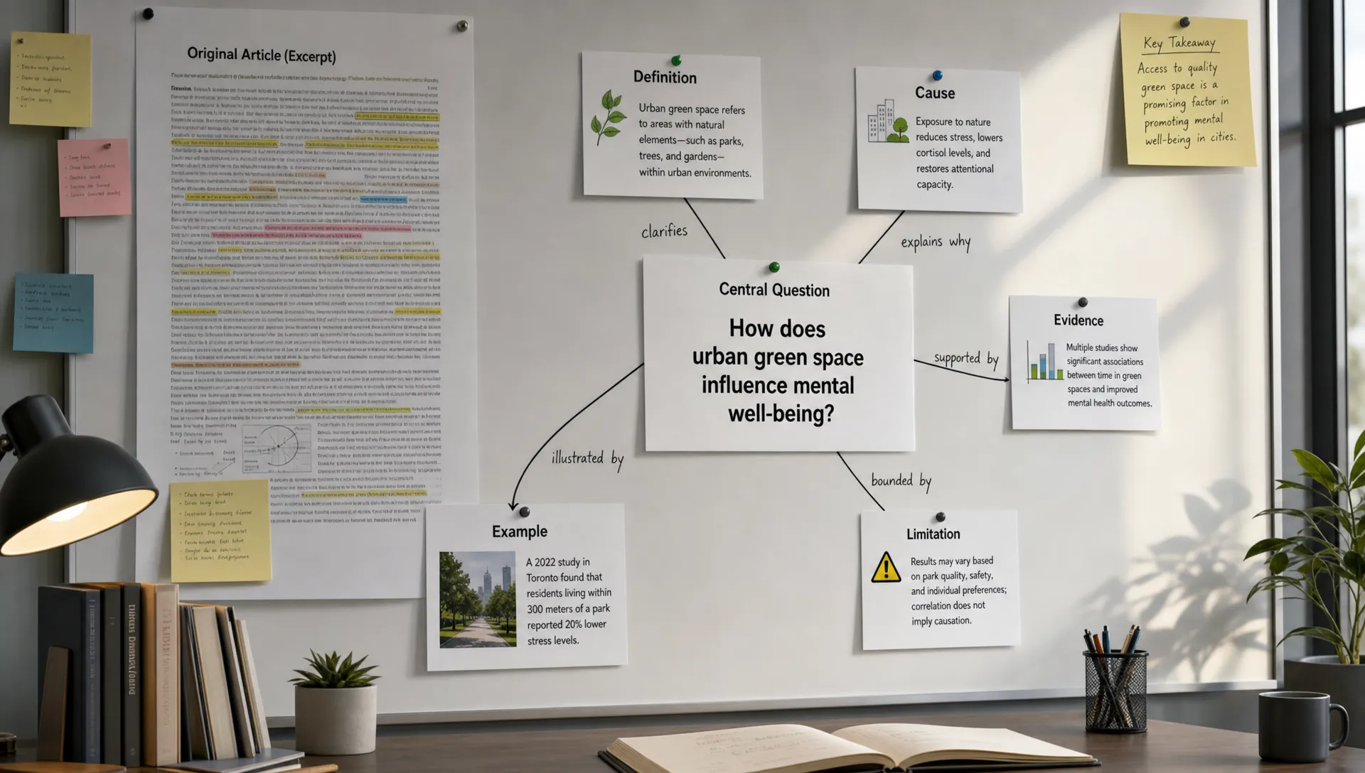 A wide landscape conceptual scene of a single idea board showing a dense article being turned into a clean network of linked concepts, with one central question card and several surrounding nodes for definition, cause, evidence, example, and limitation connected by labeled lines; the setting is a quiet studio-like workspace with no person at a desk, and the composition should feel analytical and structured rather than like a summary sheet.