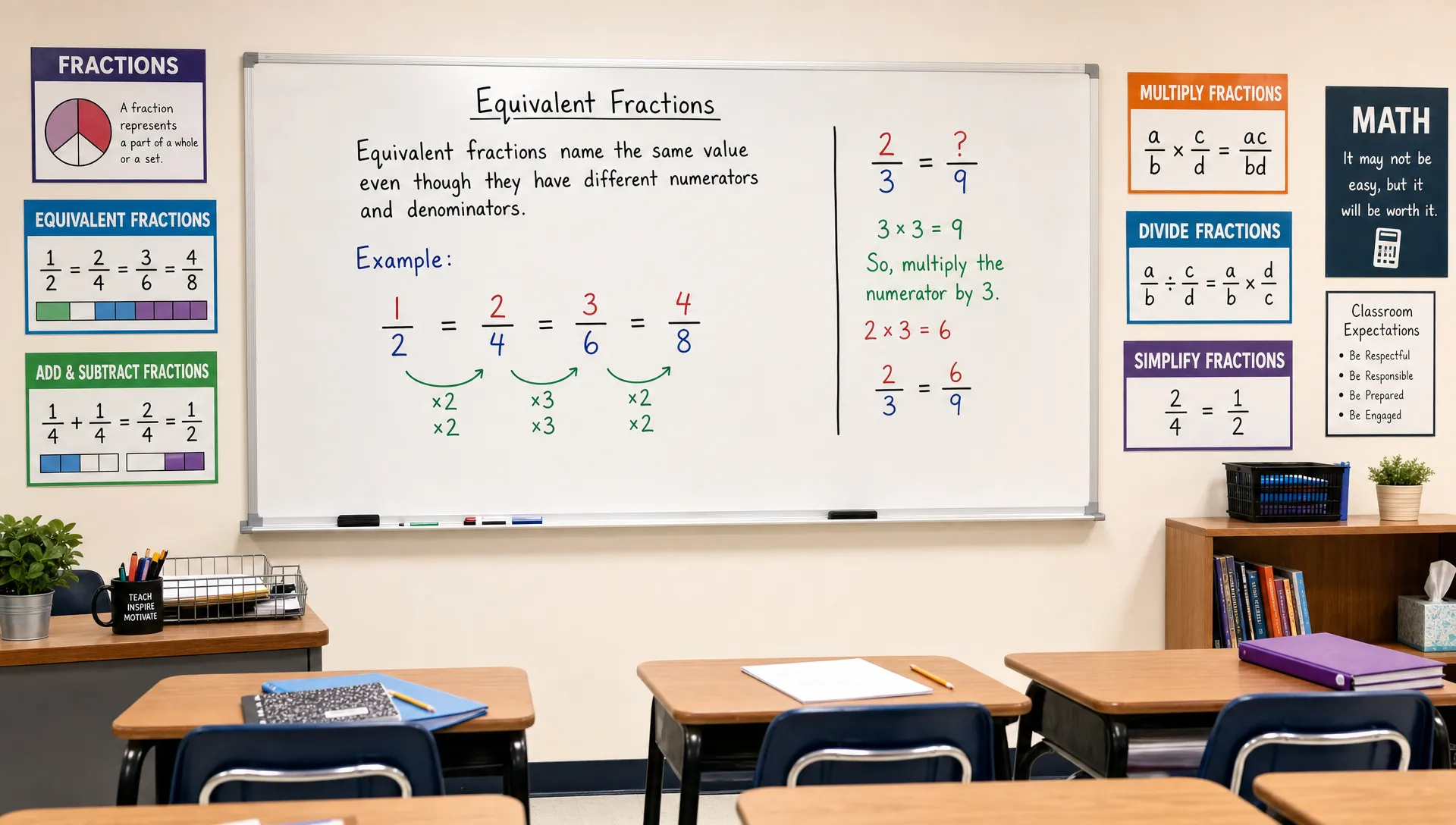 A landscape view of a bright math classroom with fraction posters on the walls, a few student desks, and a whiteboard displaying a worked example about equivalent fractions. The board should be the clearest focal point, while the rest of the room establishes a normal lesson setting without centering any one person.