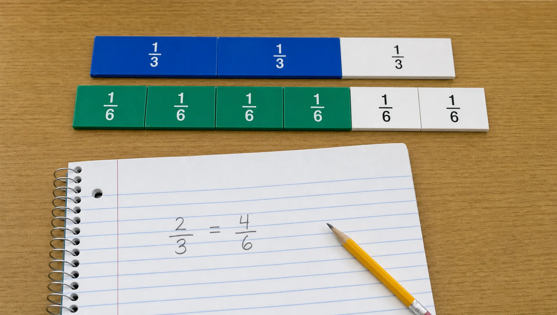 Fraction strips, a notebook and a pencil on a classroom desk show that two thirds and four sixths cover the same length.