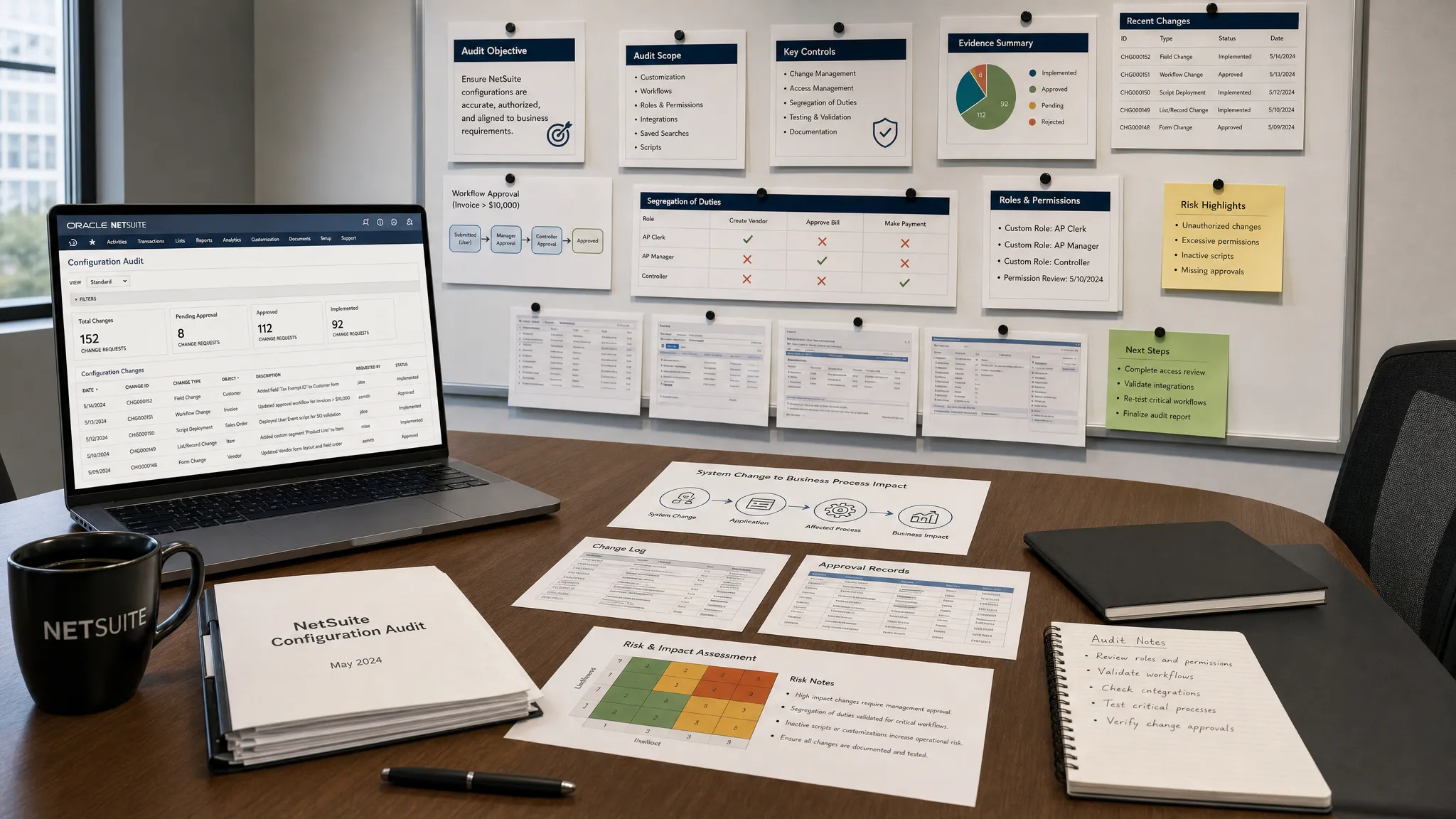 A NetSuite configuration audit workspace with printed change logs, approval records, risk notes, and a simple timeline showing how system changes connect to business processes, arranged on a conference table beside a wall of pinned evidence.