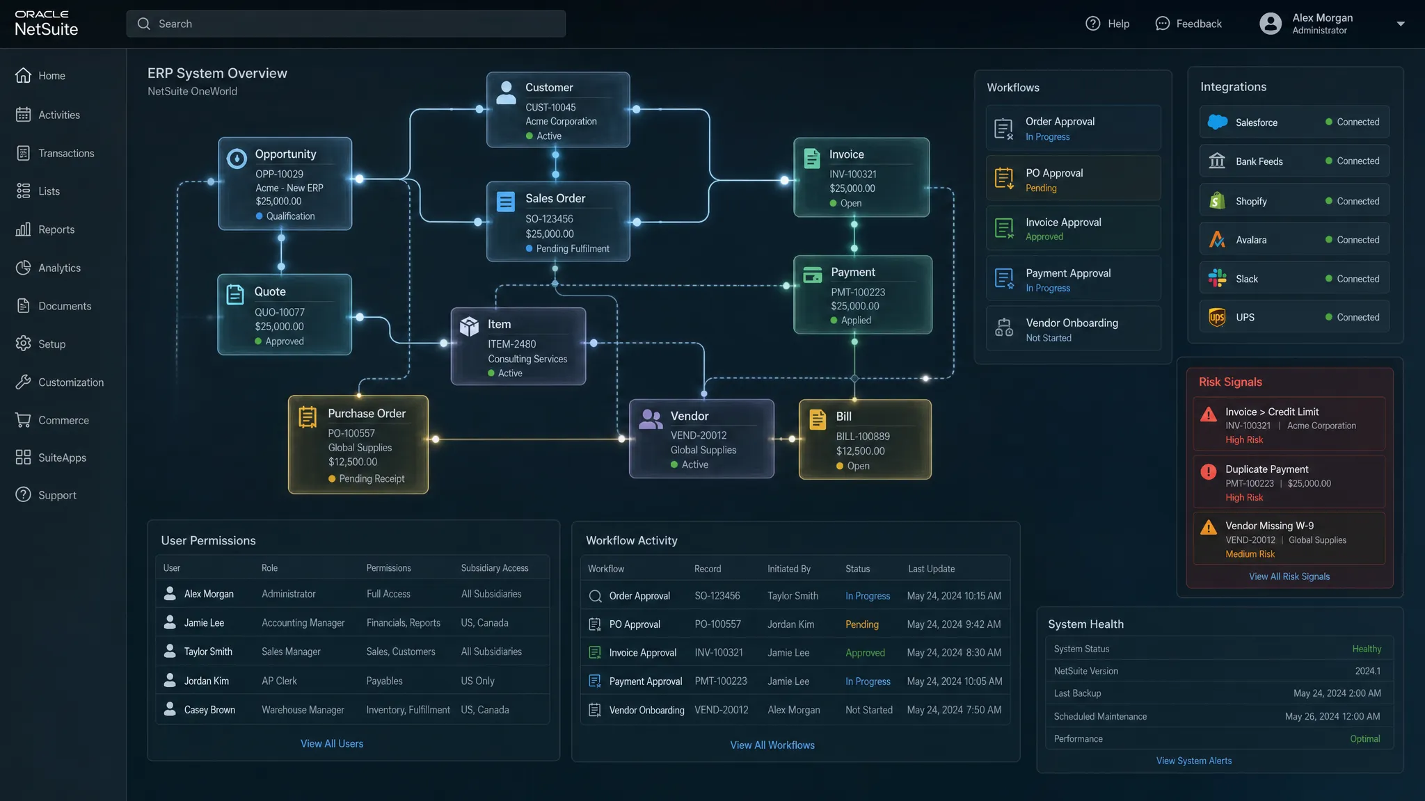 A transparent X-ray style view of an ERP system showing connected records, user permissions, workflows, integrations, and risk signals highlighted across a NetSuite environment.
