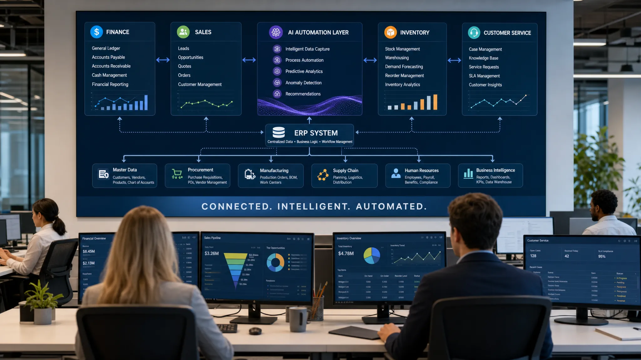 A modern operations hub showing finance, sales, inventory, customer service, and ERP workflows connected through an AI automation layer, with data moving cleanly between departments.