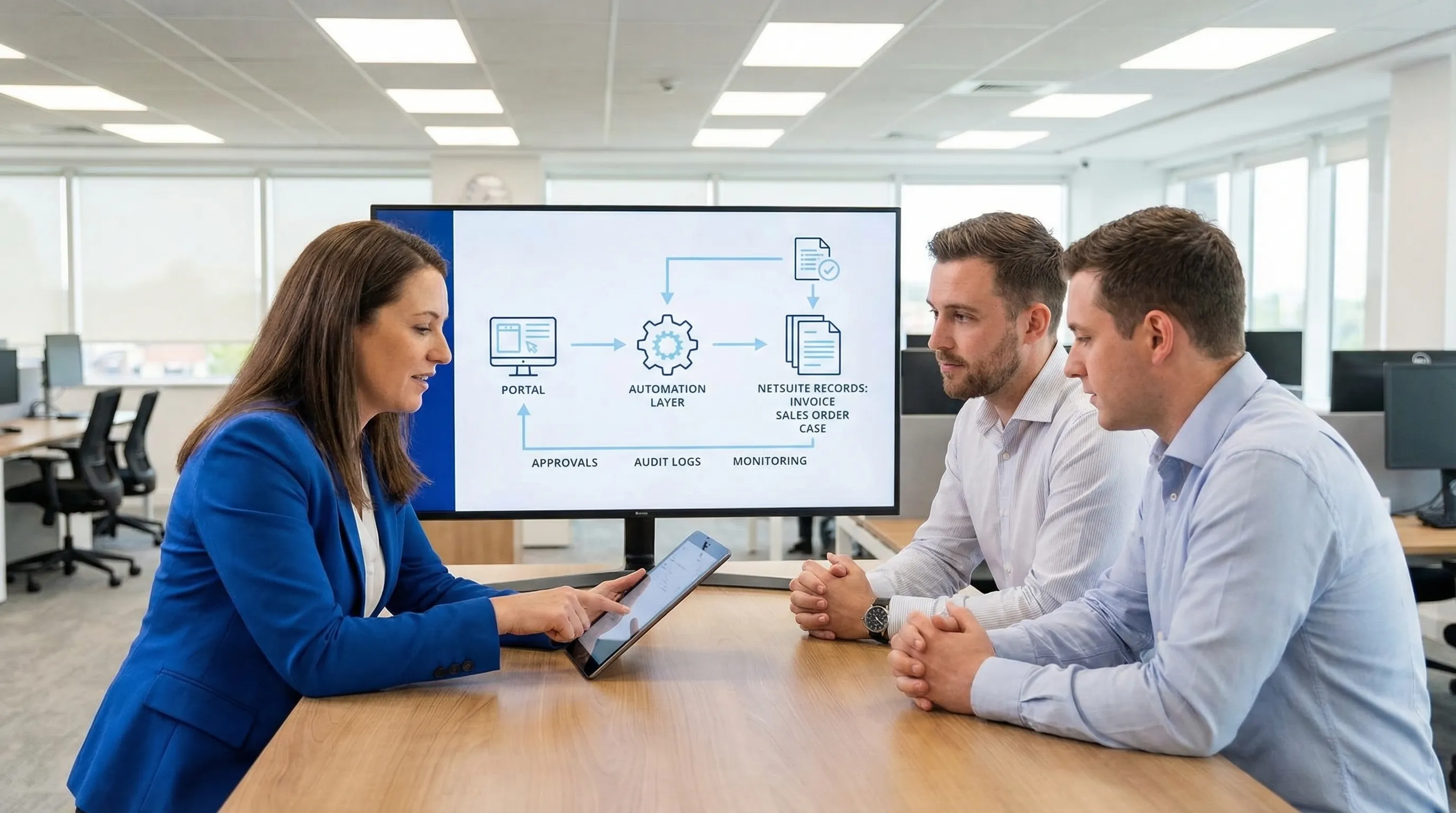A customer and operations team collaborating on a self-service workflow, with a simplified view of NetSuite records (invoice, sales order, case) connected to a portal and an automation layer, emphasizing approvals, audit logs, and monitoring.