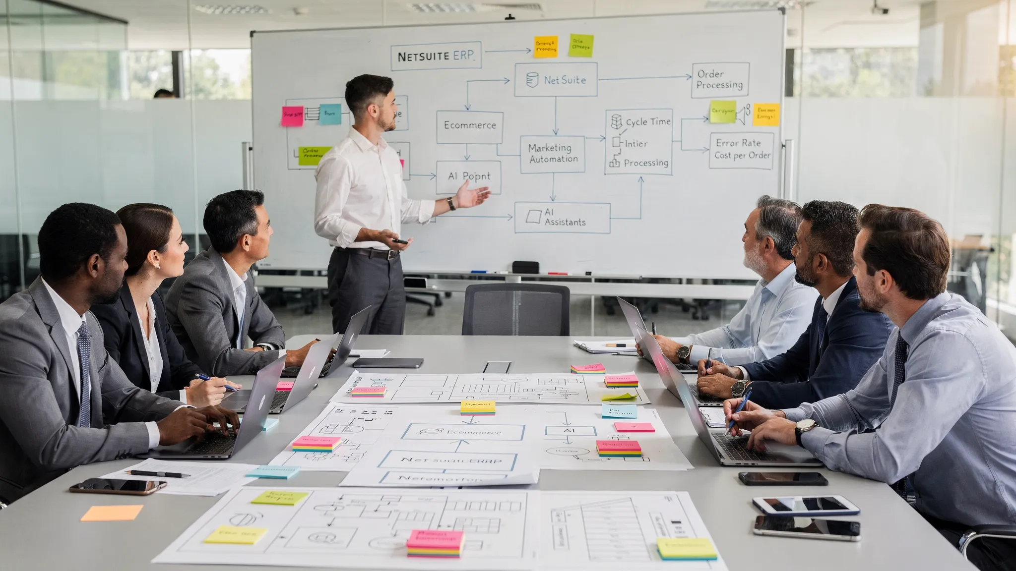 A mid-market leadership team and a managed partner facilitator stand around a conference table covered with system diagrams and sticky notes, mapping an architecture that connects NetSuite ERP, an ecommerce platform, a marketing automation tool, and AI assistants.