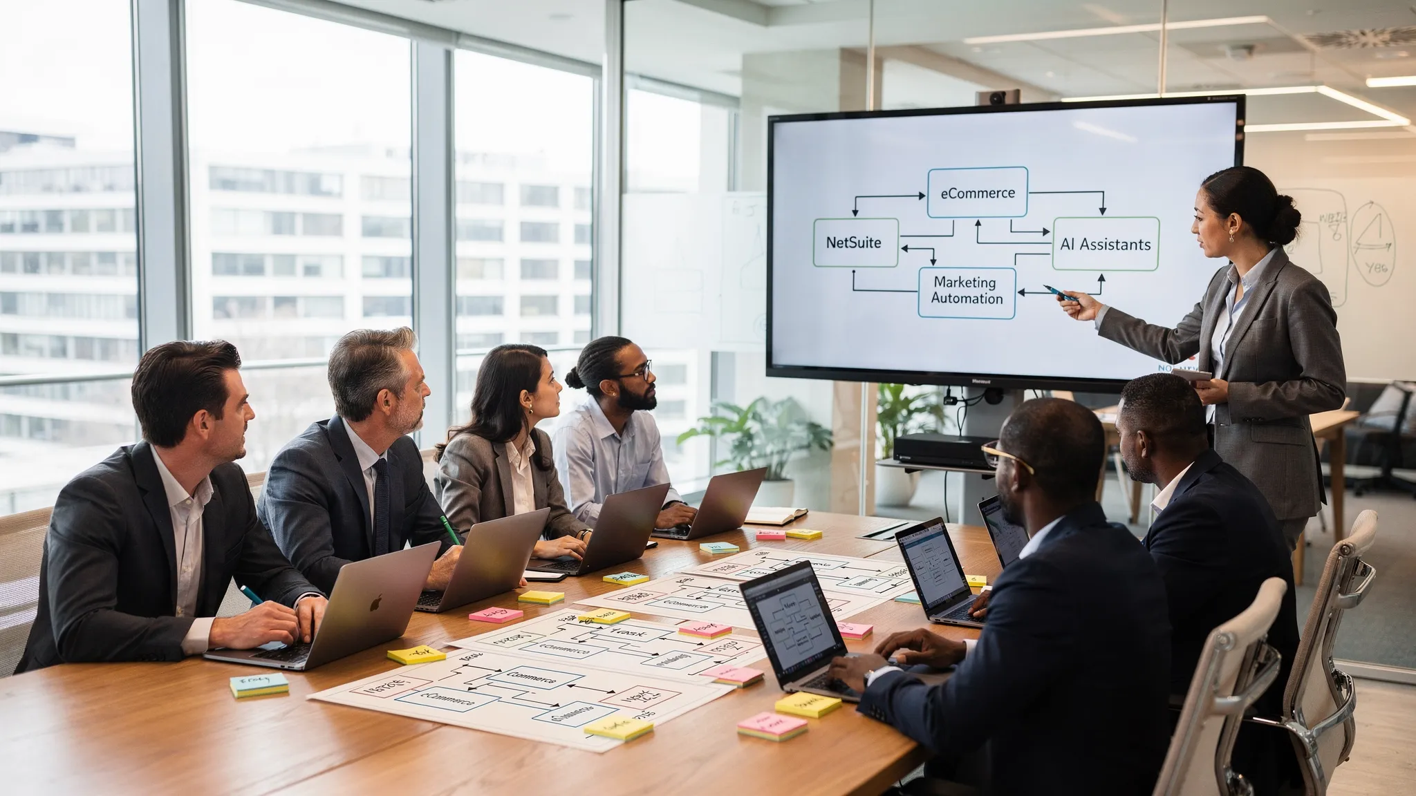 A mid-market leadership team collaborating with managed partner consultants around a strategic planning board