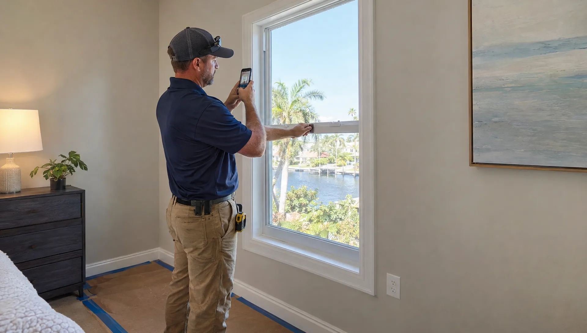 A local representative tests a newly installed window latch and photographs the completed work for the absent homeowner.