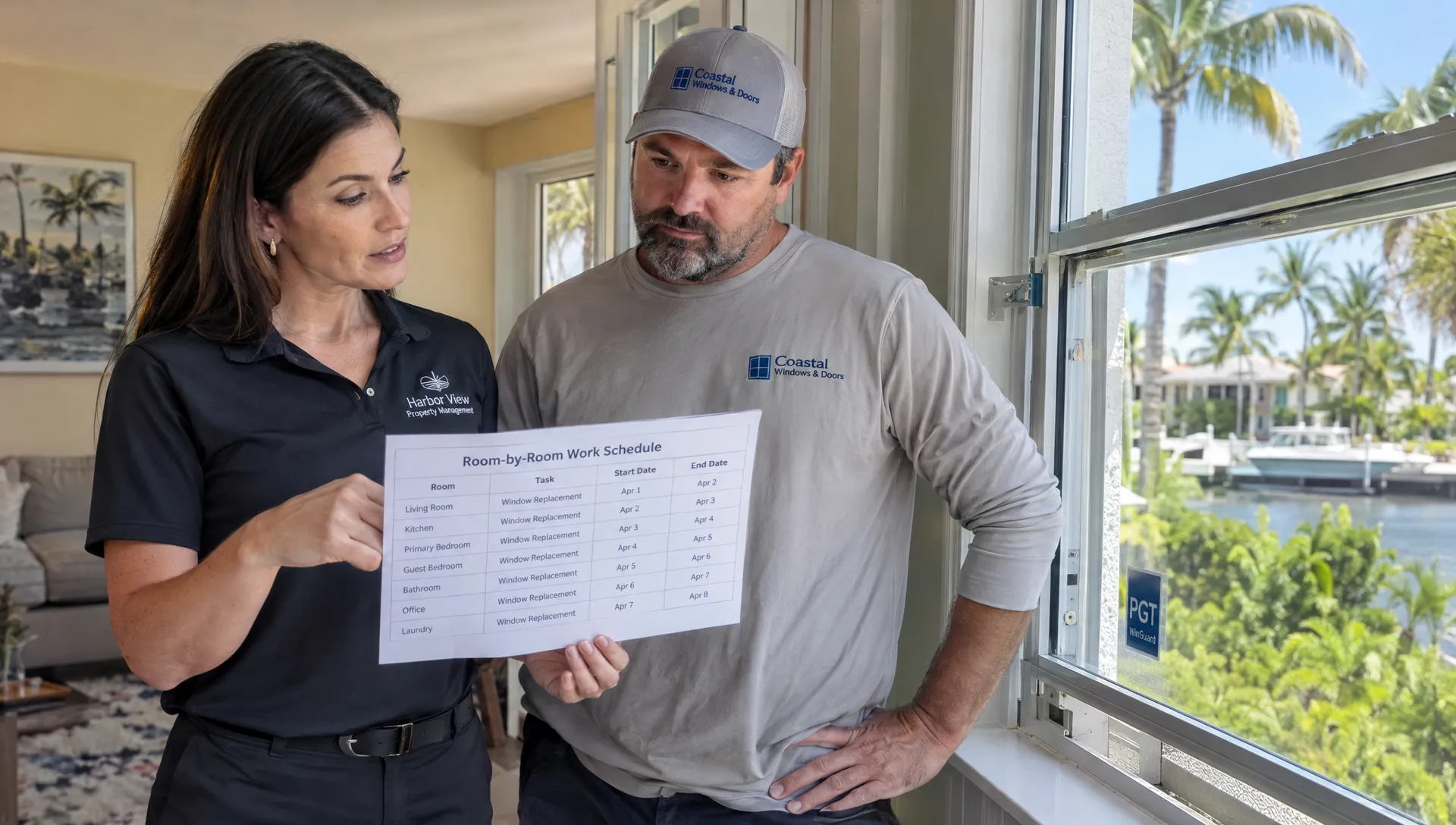 A professional window installer discussing a window replacement project with a client in a Florida home.