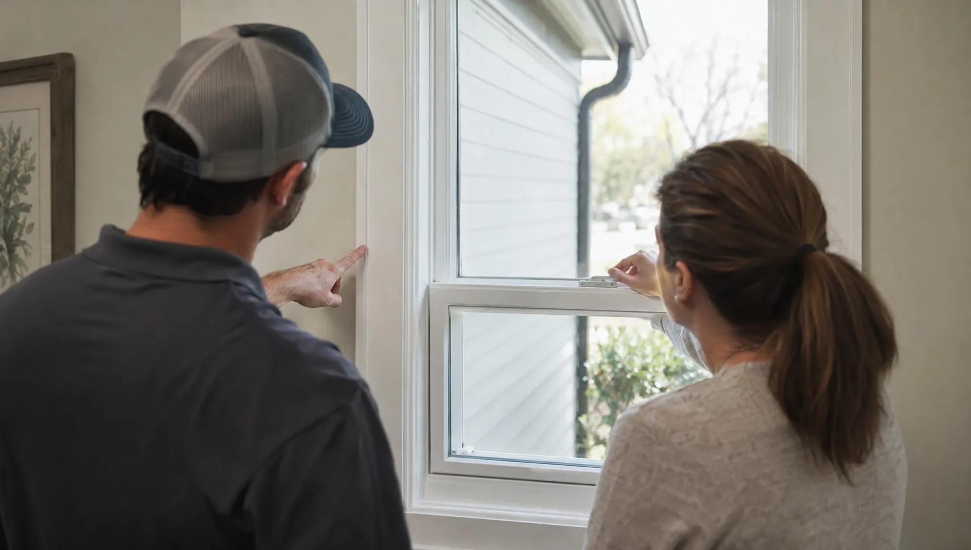 A homeowner tests a replacement window’s sash and lock while the installer reviews the trim and perimeter seal.