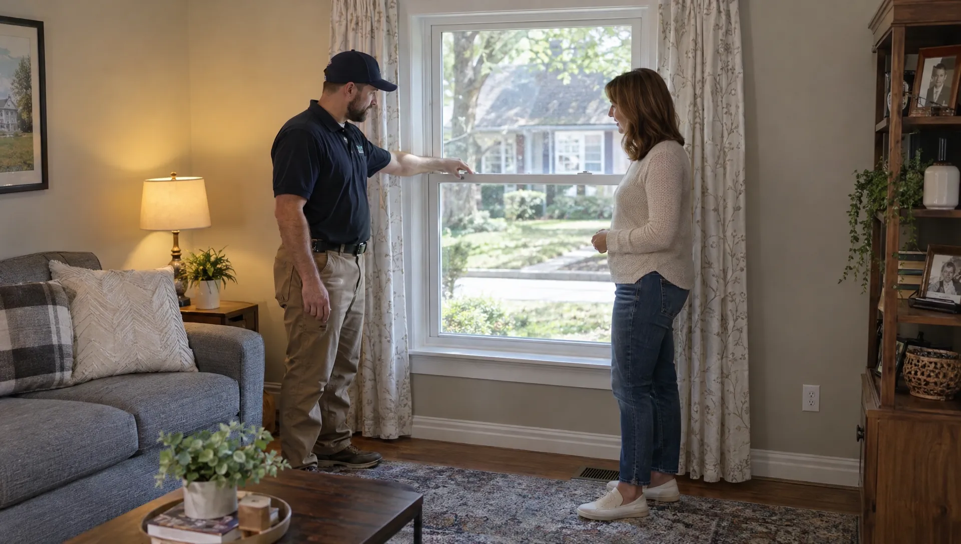 A professional window installer discussing a replacement project with a homeowner next to a living room window.