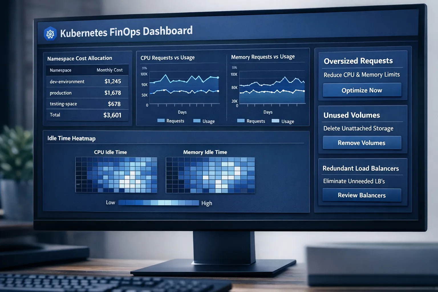 A clean Kubernetes FinOps dashboard with namespace cost allocation, CPU and memory request vs usage charts, idle time heatmaps, and callouts highlighting quick savings opportunities like over-sized requests, unused volumes, and redundant load balancers.