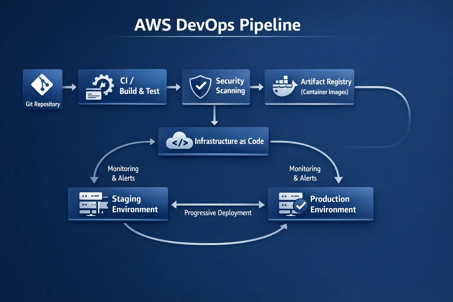 A simple architecture diagram of an AWS DevOps pipeline showing Git repository feeding a CI stage (build and tests), security scanning, artifact registry (container images), infrastructure as code applying to AWS accounts, and progressive deployment to staging and production with monitoring and alerting feedback loops.