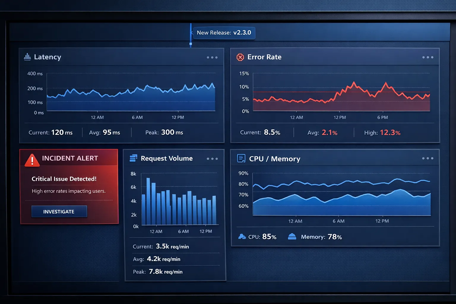 A monitoring dashboard concept showing four panels for latency, error rate, request volume, and CPU or memory saturation, alongside an incident alert and a deployment marker indicating a new release version.
