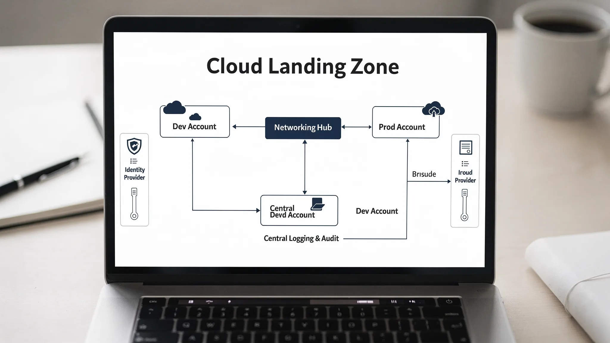 A simple cloud landing zone diagram showing separate accounts/subscriptions for dev and prod, a shared networking hub, central logging/audit account, and identity provider connecting to all environments.