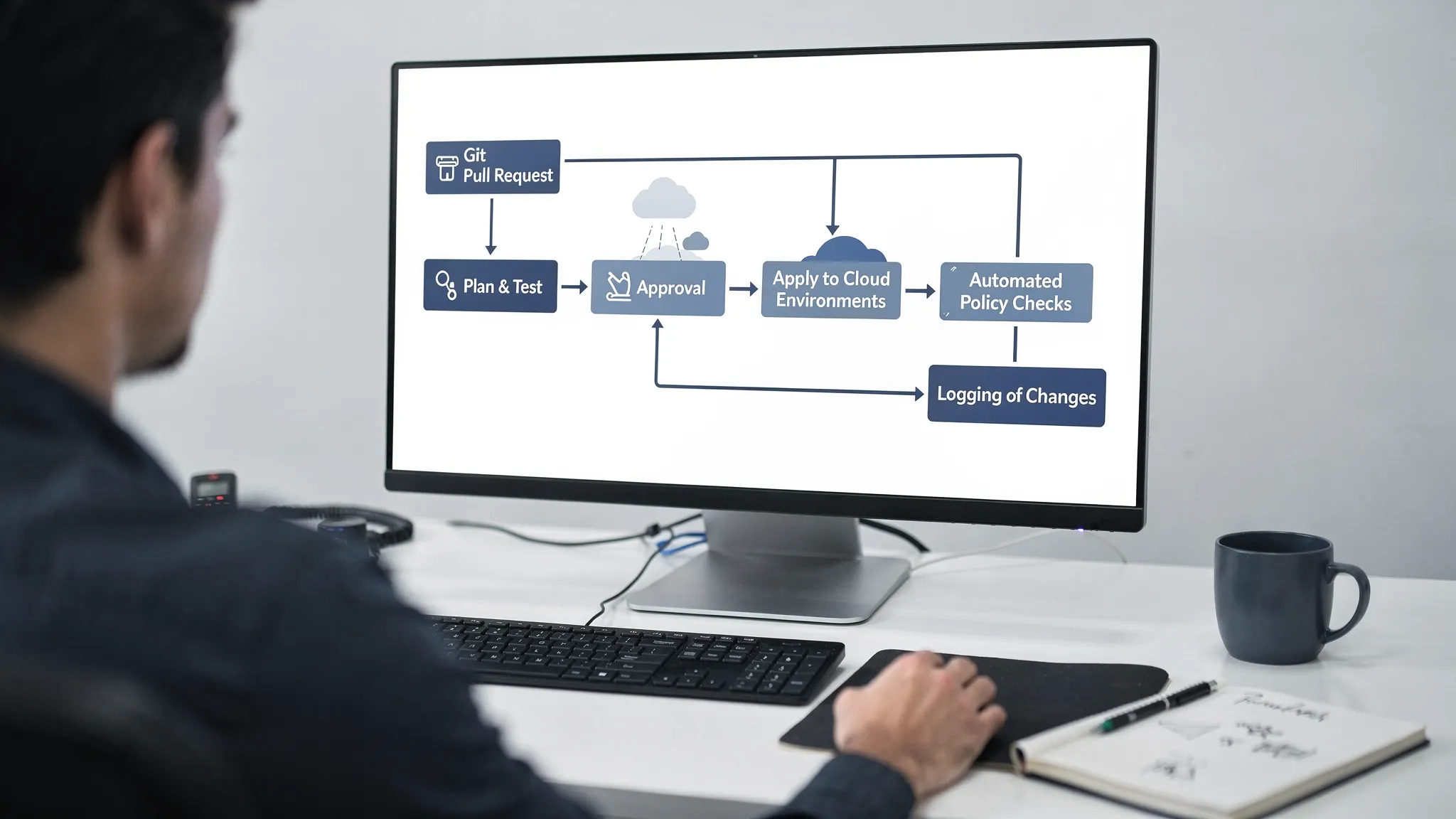 A CI/CD workflow diagram showing a Git pull request triggering plan/test, then approval, then apply to cloud environments, followed by automated policy checks and logging of changes.