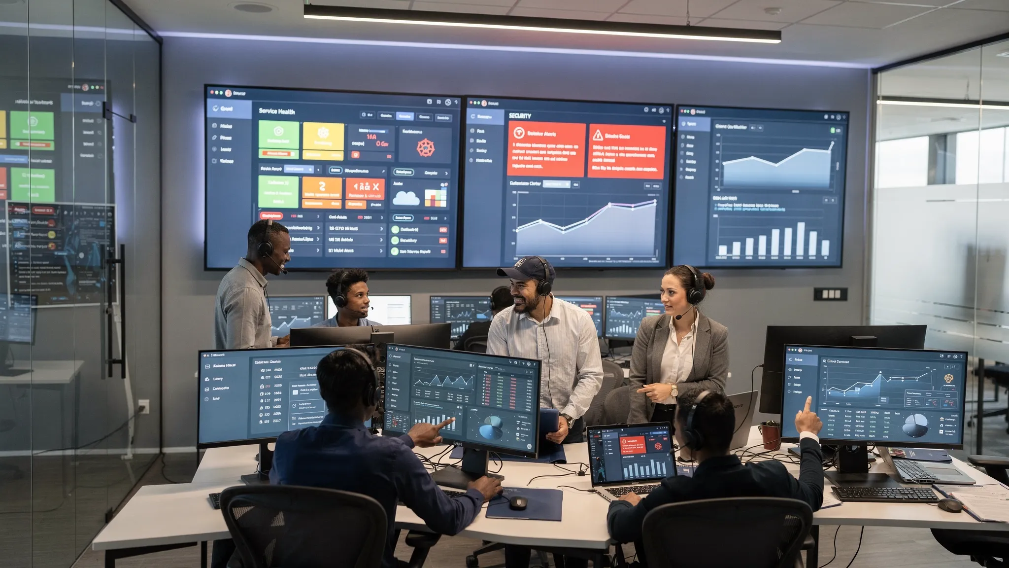 An operations room for a managed IT services provider showing large wall dashboards with service health, Kubernetes cluster status, security alerts, and cloud cost trends, with engineers collaborating at standing desks.