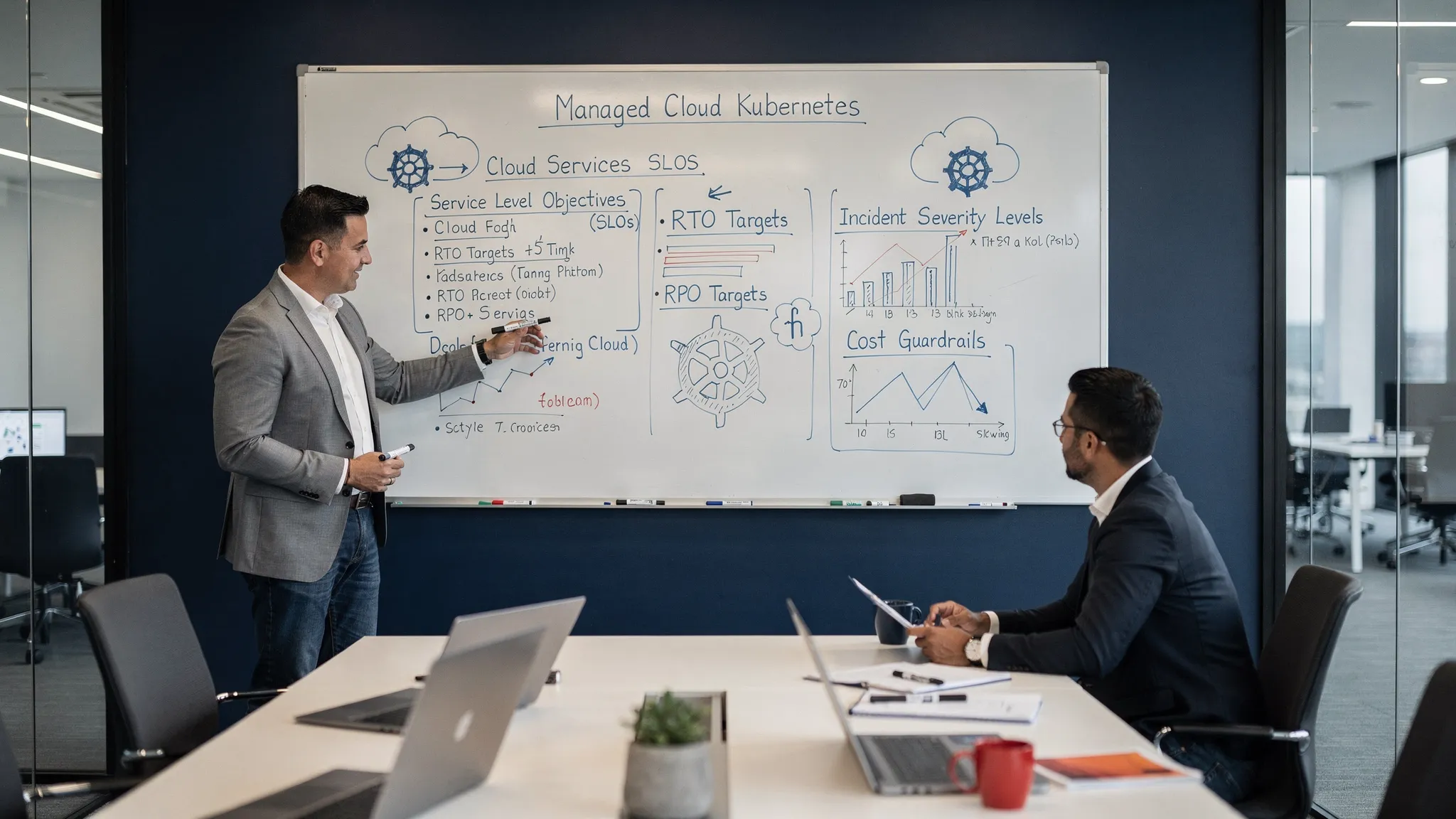 A whiteboard planning session where a provider and client define service level objectives, RTO and RPO targets, incident severity levels, and cost guardrails for a managed cloud and Kubernetes platform.