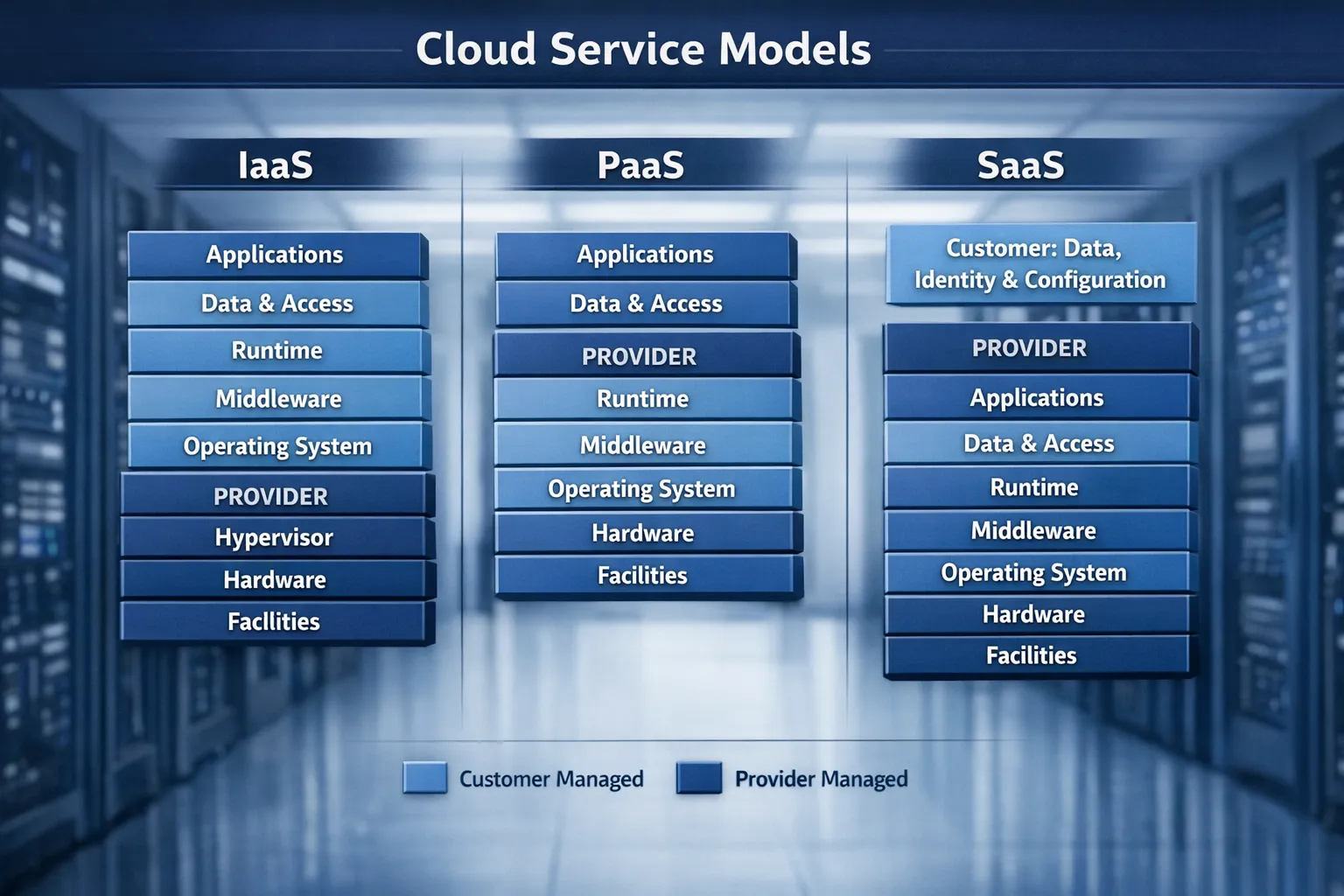 Side by side diagram contrasting IaaS, PaaS and SaaS responsibilities. The figure shows stacked layers from facilities and hardware at the bottom up to applications and data at the top. For IaaS, the provider handles facilities, hardware and hypervisor, while the customer manages OS, middleware, runtime, applications, data and access. For PaaS, the provider also manages OS, middleware and runtime, leaving applications and data to the customer. For SaaS, the provider manages all layers with the customer responsible mainly for data usage, identity and configuration.