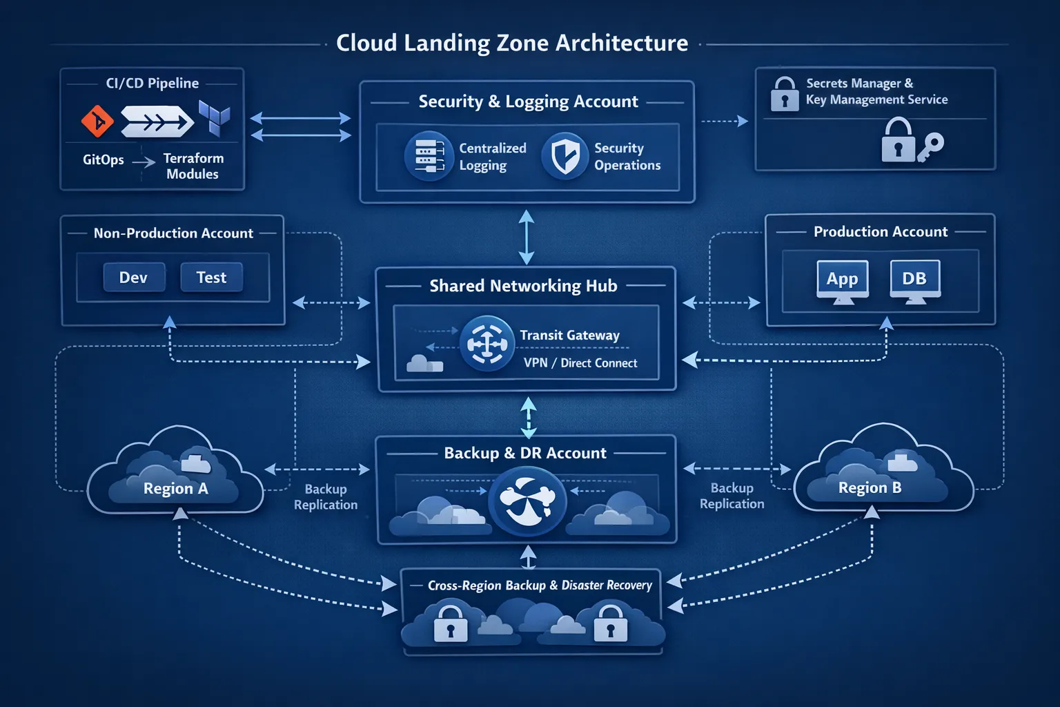 A reference architecture blueprint for a cloud landing zone across multiple accounts. The diagram shows a central security and logging account, shared networking hub with transit gateway, production and non production spokes, CI and CD pipelines pushing Terraform modules via GitOps, a secrets manager and key management service, and cross region backup and disaster recovery replication arrows.