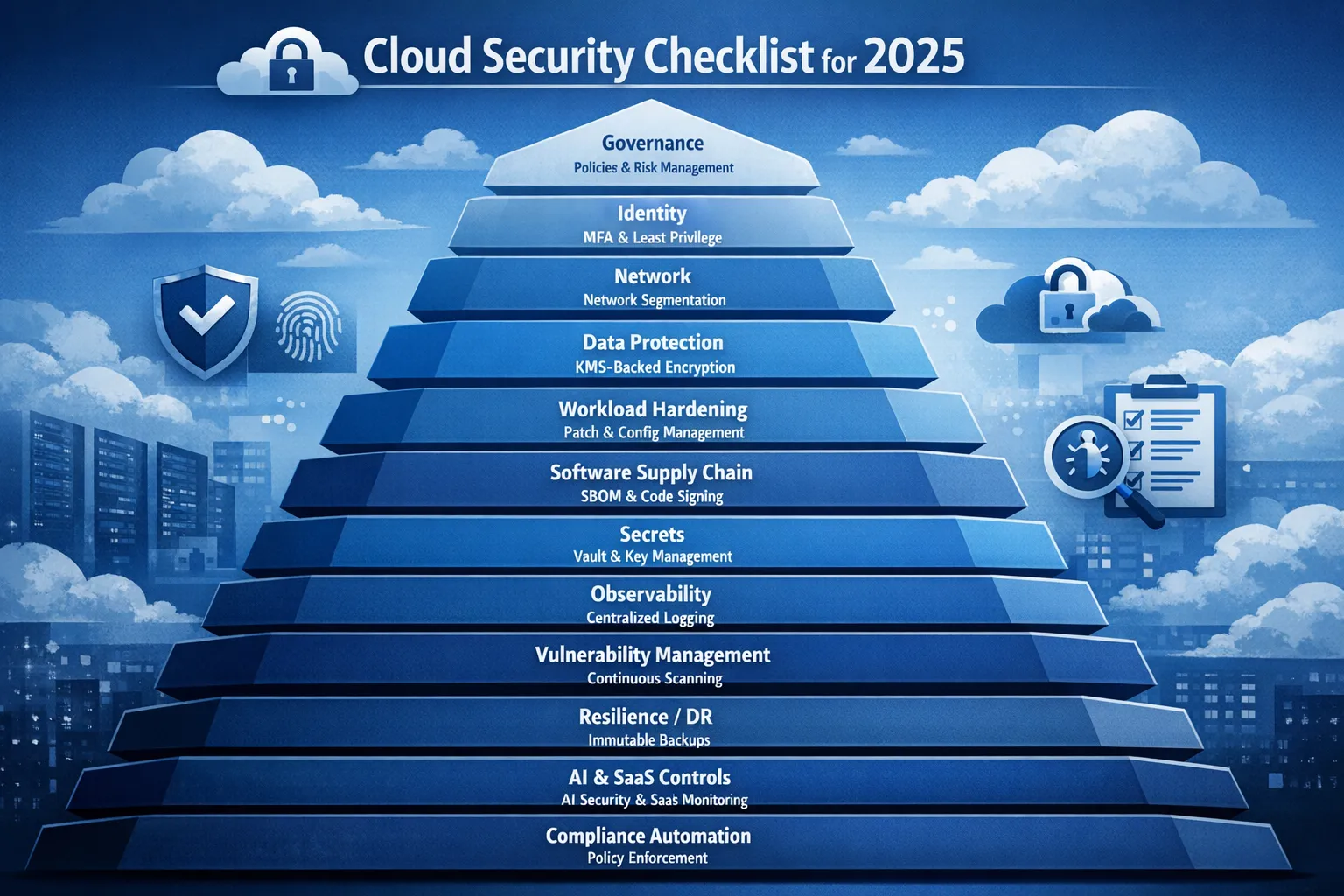 A layered cloud security checklist for 2025 showing twelve domains: governance, identity, network, data protection, workload hardening, software supply chain, secrets, observability, vulnerability management, resilience/DR, AI and SaaS controls, and compliance automation. Each layer depicts example controls such as MFA, least privilege, network segmentation, KMS-backed encryption, SBOM/code signing, centralised logging, and immutable backups across multi-cloud.
