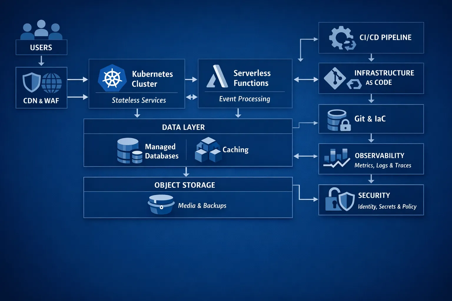 A clean reference diagram of a modern cloud platform: users enter through a CDN and Web Application Firewall to a load balancer. Requests hit a Kubernetes cluster for stateless services, with adjacent serverless functions for event processing. Managed databases and caches sit in a data layer, object storage holds media and backups. A CI/CD pipeline and Git-based Infrastructure as Code manage releases. An observability stack collects metrics, logs and traces, and a security layer enforces identity, secrets and policy.