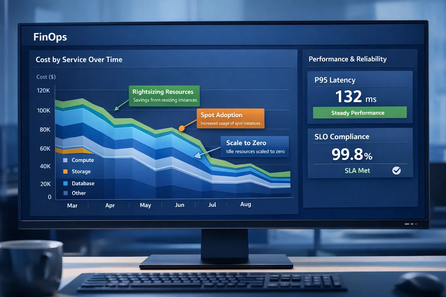 A thoughtful FinOps dashboard concept showing cost by service over time with trend lines, callouts for rightsizing, spot adoption and scale to zero events, and a panel tracking p95 latency and SLO compliance to prove savings did not hurt reliability.