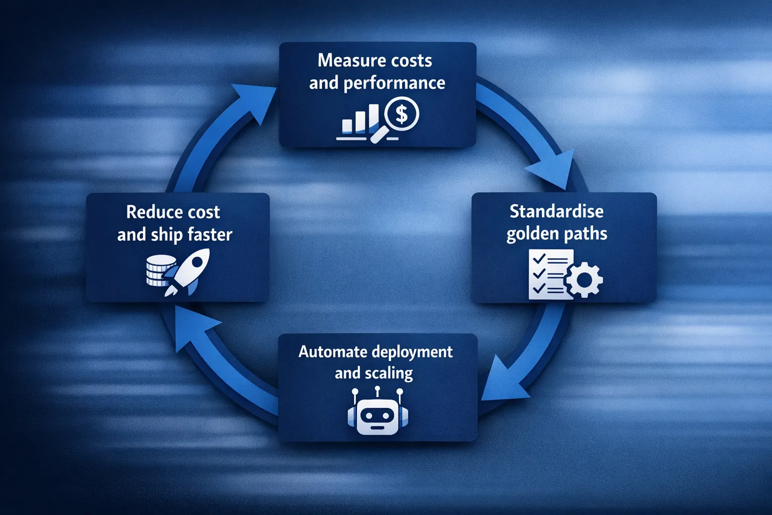 A simple flywheel diagram showing “Measure costs and performance” leading to “Standardise golden paths”, leading to “Automate deployment and scaling”, leading to “Reduce cost and ship faster”, looping back to measurement. Each stage has a short label and a small icon (chart, template, robot, coin+rocket).