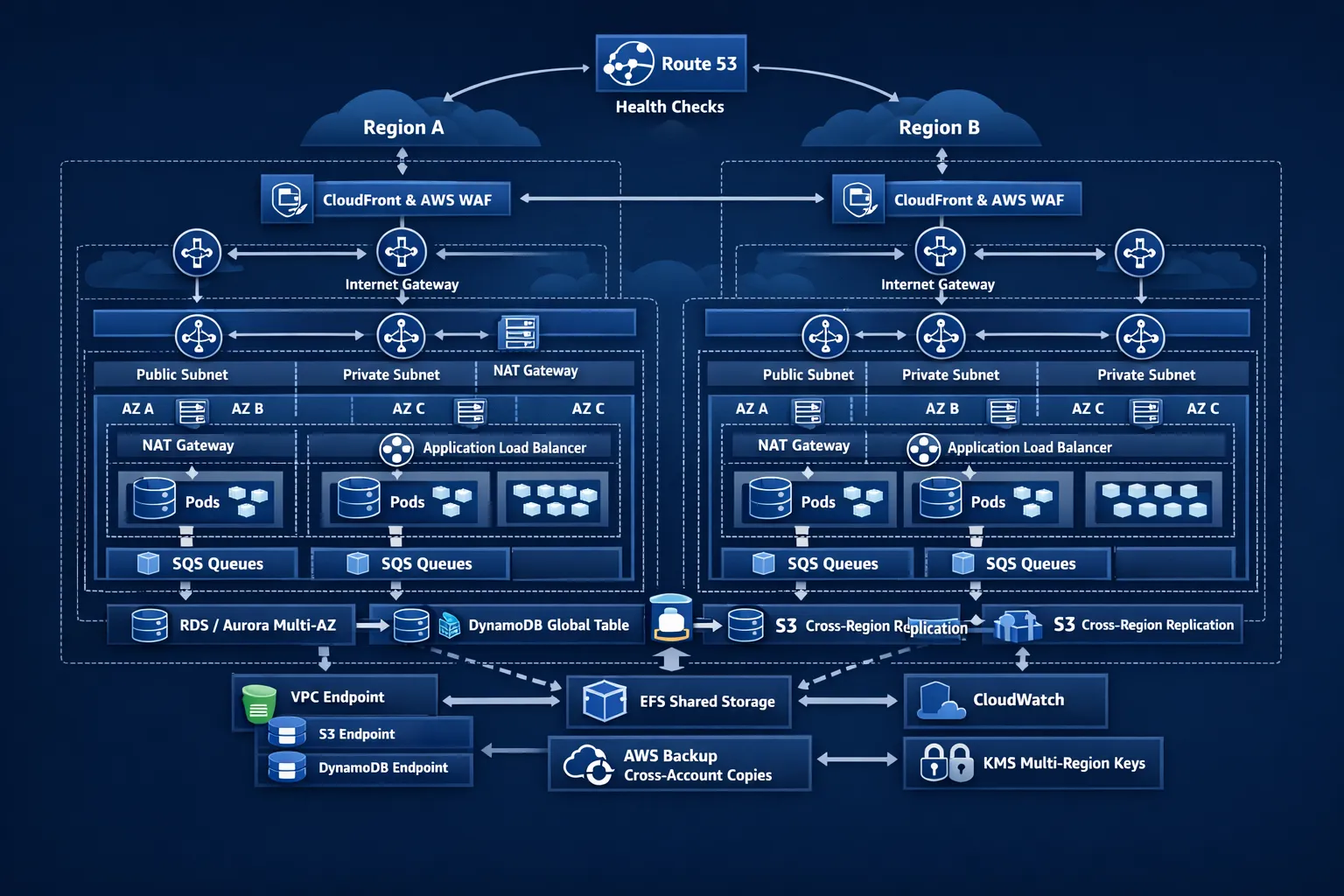 A diagram of a resilient AWS reference architecture: Route 53 with health checks in front of two regions; each region has CloudFront and AWS WAF, internet gateways, three-AZ VPCs with public and private subnets, NAT Gateways per AZ, Application Load Balancers, EKS node groups with multiple pods per AZ, SQS decoupling queues, RDS/Aurora Multi-AZ databases, DynamoDB global tables, S3 with cross-region replication, EFS for shared storage, VPC endpoints for S3 and DynamoDB, CloudWatch observability, AWS Backup for cross-account copies, and KMS multi-region keys.