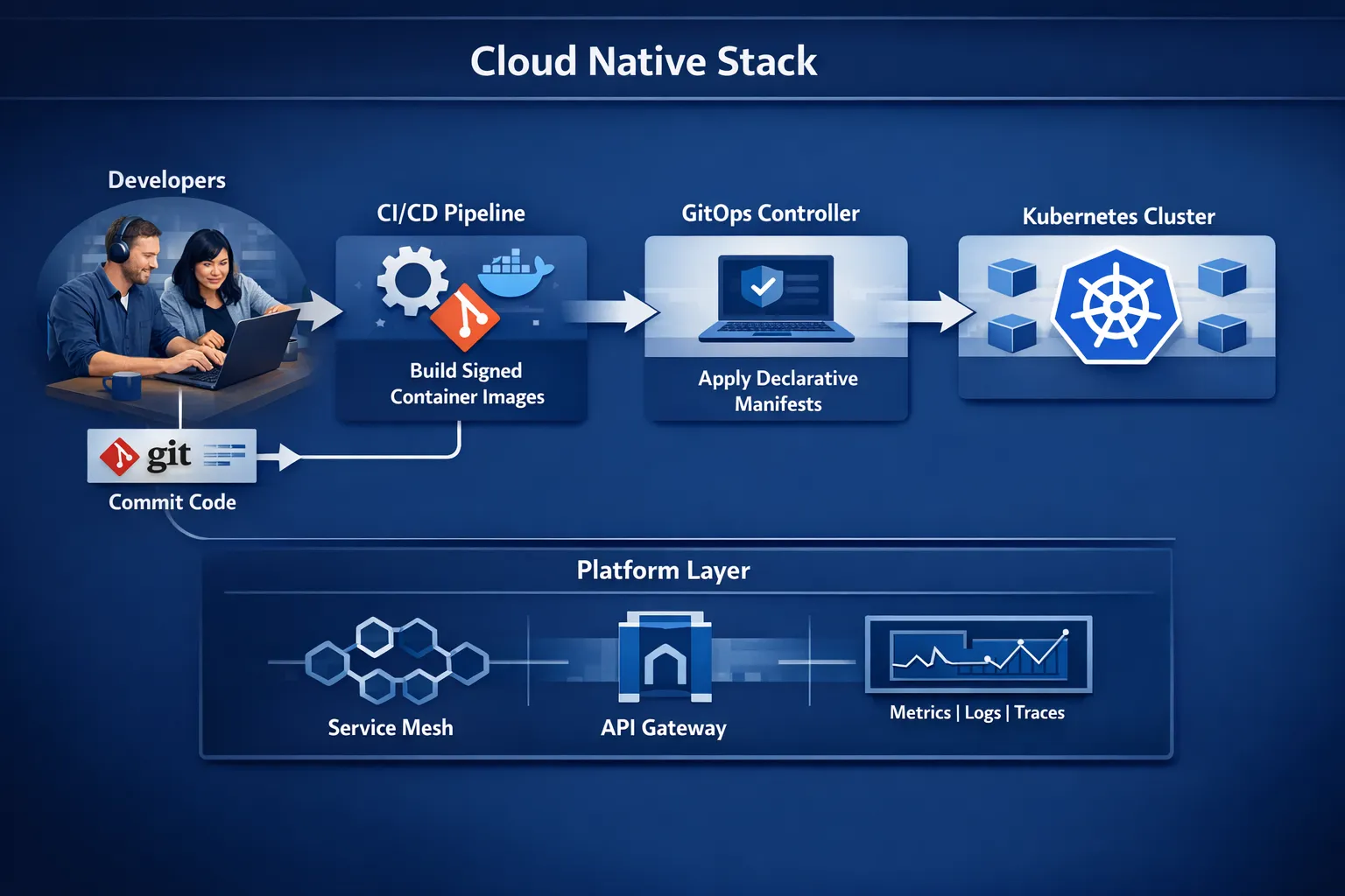 A clean, simple diagram of a cloud native stack showing developers committing code to a Git repository, a CI pipeline building signed container images, a GitOps controller applying declarative manifests to a Kubernetes cluster, and a platform layer with service mesh, API gateway, and observability (metrics, logs, traces).