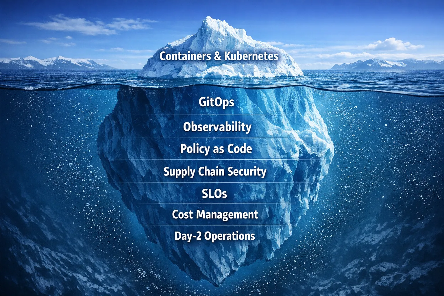 An iceberg metaphor where the visible tip lists “containers and Kubernetes” while the much larger underwater portion lists platform concerns such as GitOps, observability, policy as code, supply chain security, SLOs, cost management, and day‑2 operations.