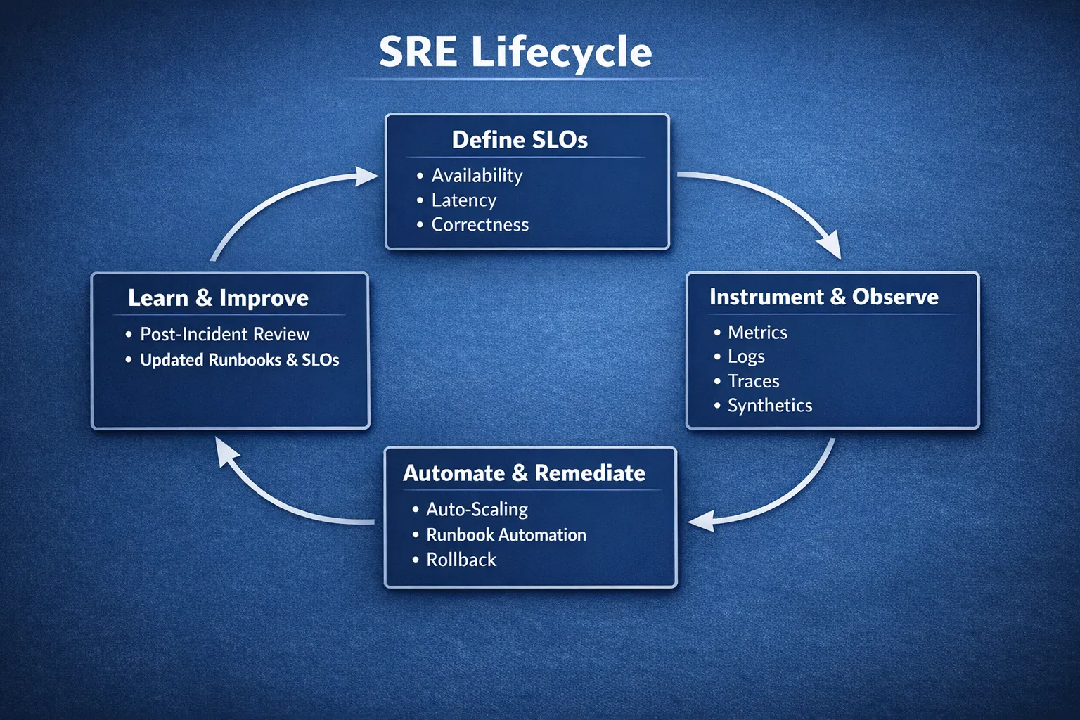 A simple SRE lifecycle diagram showing four boxes connected in a loop: Define SLOs (availability, latency, correctness), Instrument and Observe (metrics, logs, traces, synthetics), Automate and Remediate (auto-scaling, runbook automation, rollback), and Learn and Improve (post-incident review feeding updated runbooks and SLOs).