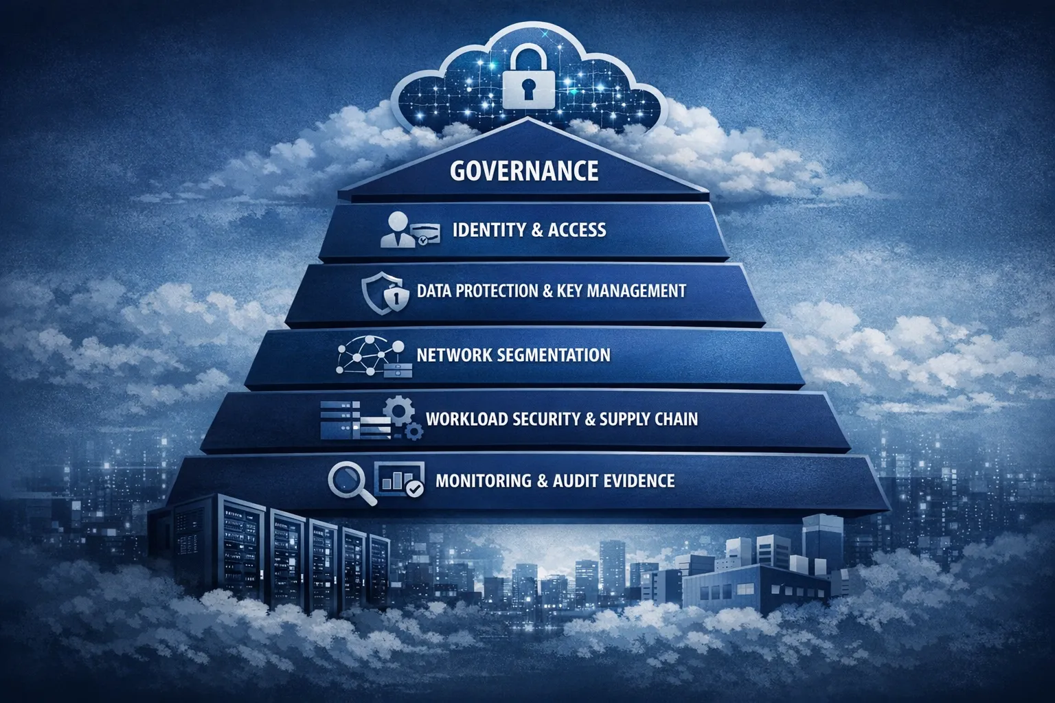 A layered cloud security model for regulated industries showing governance at the top, followed by identity and access, data protection and key management, network segmentation, workload security and supply chain, and monitoring and audit evidence at the base.