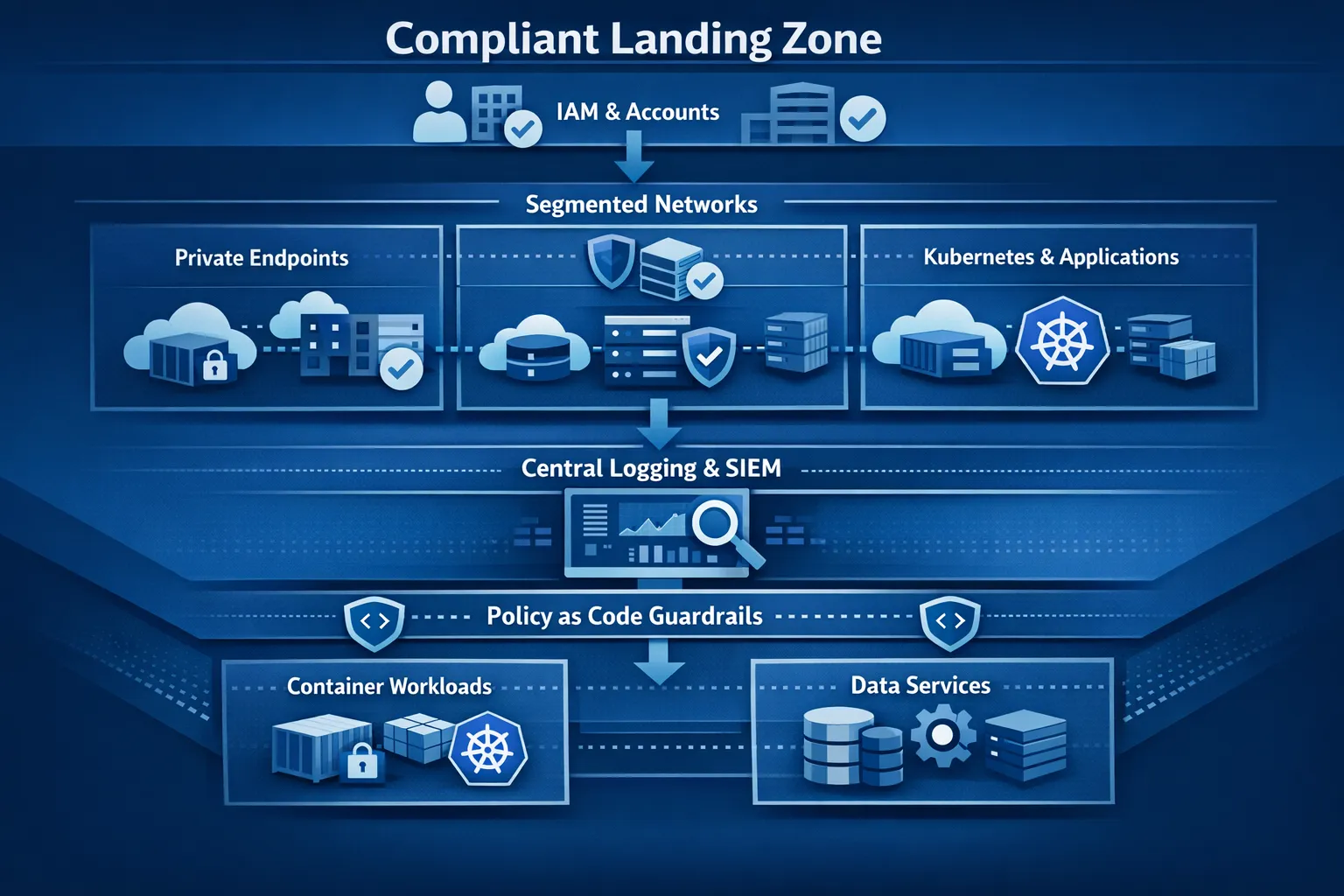An annotated “compliant landing zone” diagram showing identities and accounts at the top, segmented networks with private endpoints, central logging and SIEM, policy as code guardrails, and workload blueprints for containers and data services.