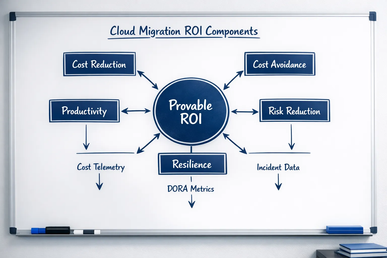A clean whiteboard-style diagram showing cloud migration ROI components in five boxes connected to a central “Provable ROI” circle, labelled Cost Reduction, Cost Avoidance, Productivity, Resilience, and Risk Reduction, with arrows indicating measurement via cost telemetry, DORA metrics, and incident data.