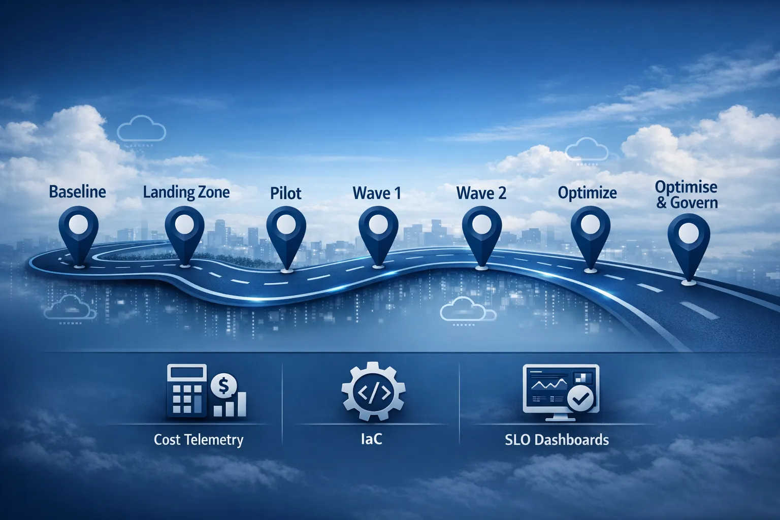 A simple horizontal roadmap illustration showing six labelled phases for a cloud migration, Baseline, Landing Zone, Pilot, Wave 1, Wave 2, Optimise and Govern, with small icons for cost telemetry, IaC, and SLO dashboards beneath the relevant phases.