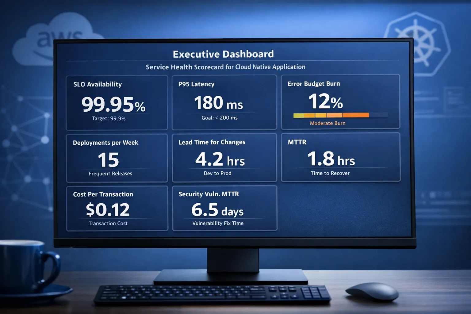 A clean executive dashboard showing a service health scorecard for a cloud native application. Tiles display SLO availability, p95 latency, error budget burn rate, deployment frequency, lead time for changes, MTTR, cost per transaction, and security vulnerability MTTR. The background hints at AWS and Kubernetes icons without text.
