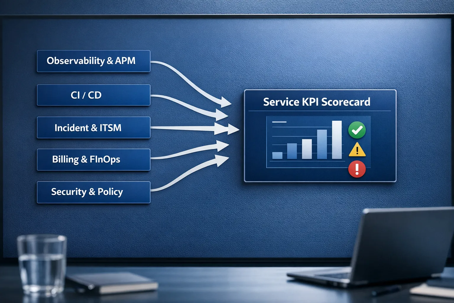 A simple diagram with five boxes showing KPI data sources flowing into a single scorecard. Boxes labelled Observability and APM, CI or CD, Incident or ITSM, Billing and FinOps, Security and Policy feed arrows into a central Service KPI Scorecard.