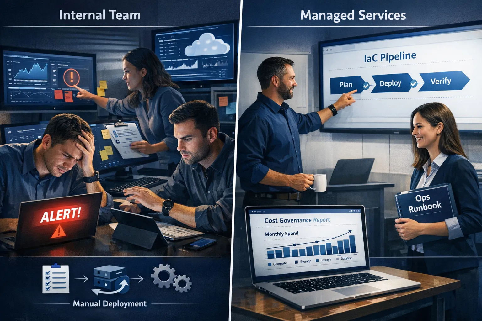 A split-screen style illustration comparing two operating models: on the left, a small internal team juggling cloud dashboards, incident alerts, and manual deployment steps; on the right, a managed service operating model with clear runbooks, automated infrastructure as code pipelines, and a cost governance report showing predictable trends.