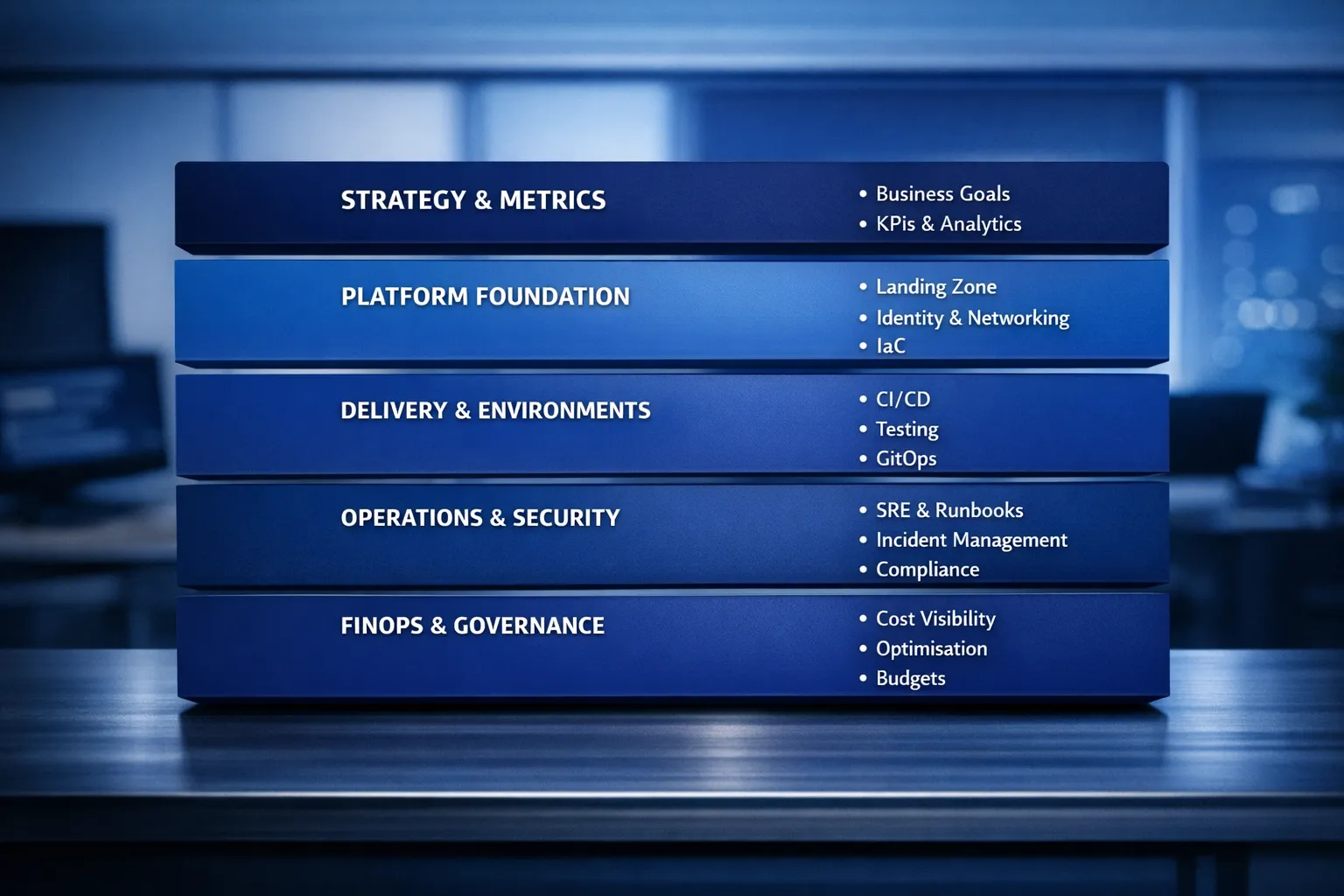A clean five-layer roadmap diagram showing Strategy and Metrics at the top, followed by Platform Foundation (landing zone, identity, networking, IaC), Delivery and Environments (CI/CD, testing, GitOps), Operations and Security (SRE, runbooks, incident management, compliance), and FinOps and Governance (cost visibility, optimisation, budgets). Each layer has two or three concise bullet labels beside it.