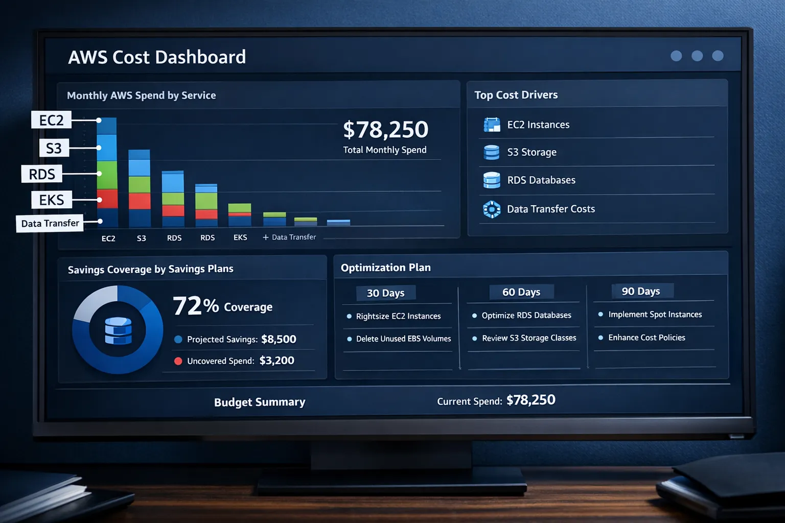 An executive-friendly AWS cost dashboard showing monthly spend by service, top cost drivers, savings coverage by Savings Plans, and a 30-60-90 day optimisation plan in a clean dark UI, with annotations for EC2, S3, RDS, EKS, data transfer, and budgets.